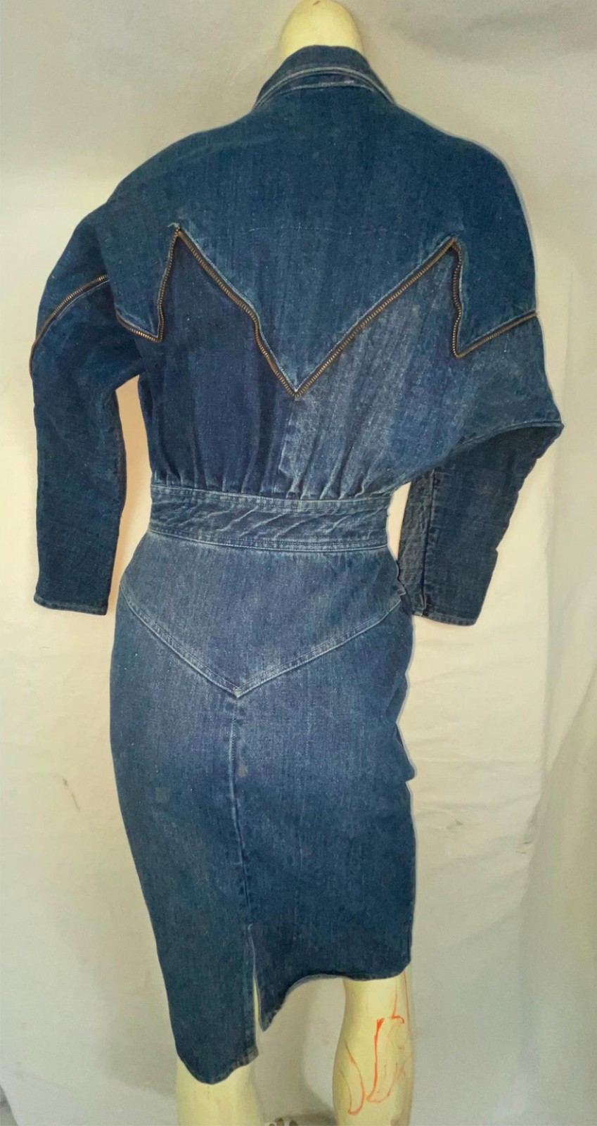VTG 80S RETRO WOMENS 7/8 S DARK DENIM JEAN ZIPPER TRIM NEW WAVE BUTTON ZIP DRESS