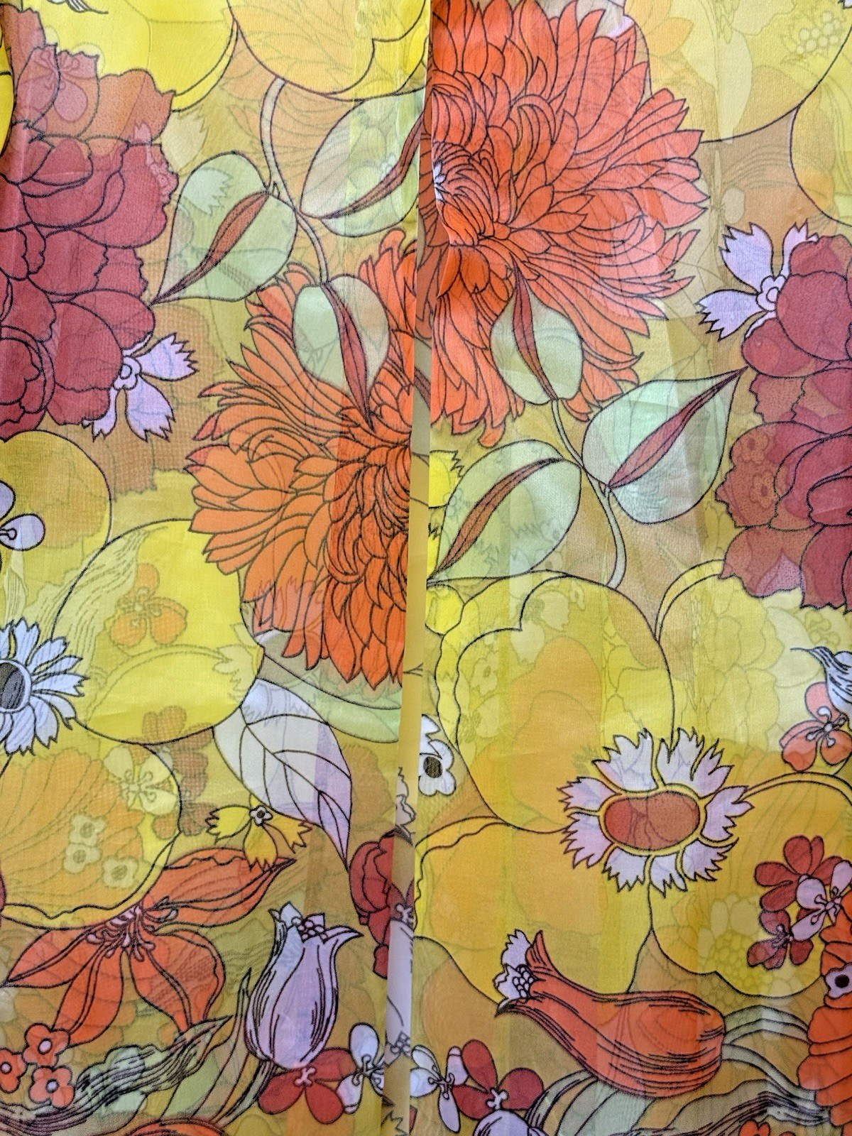 Vtg 60’S Groovy Orange Yellow Sheer Floral Maxi Dress Stiff Chiffon Long Jacket