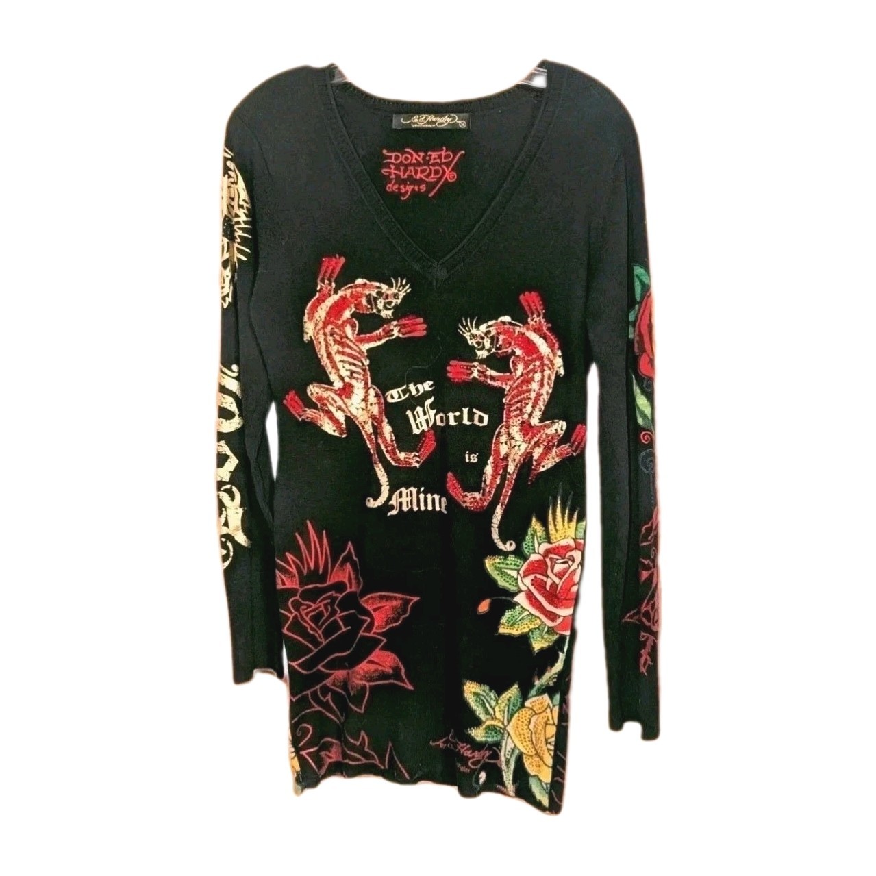 Vtg Ed Hardy Christian Audigier Bodycon Blingy Sweater Dress Y2K Panther Med A+!