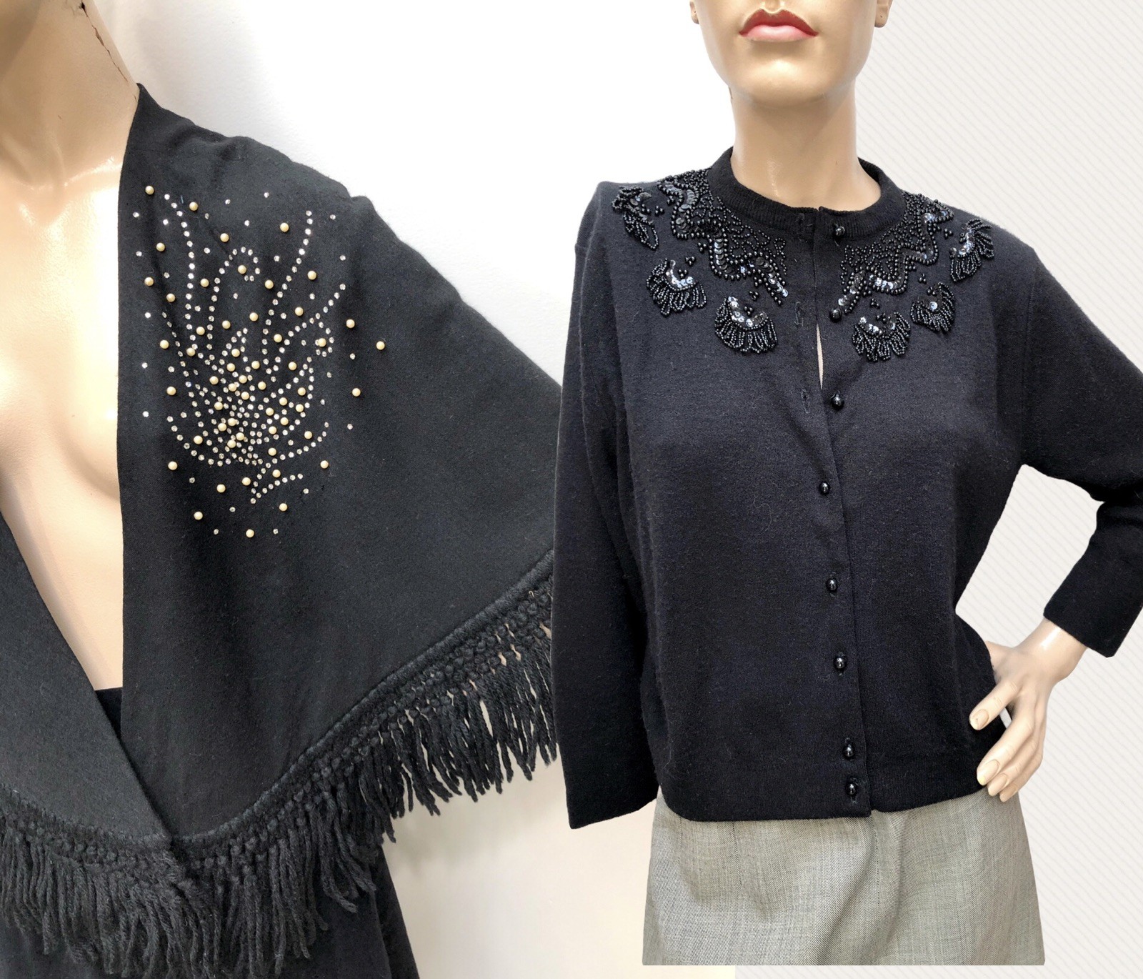3Pc LOT VTG 50s PEARL BEADED Rhinestone FRINGE SHAWL, SWEATER & Gabardine Skirt