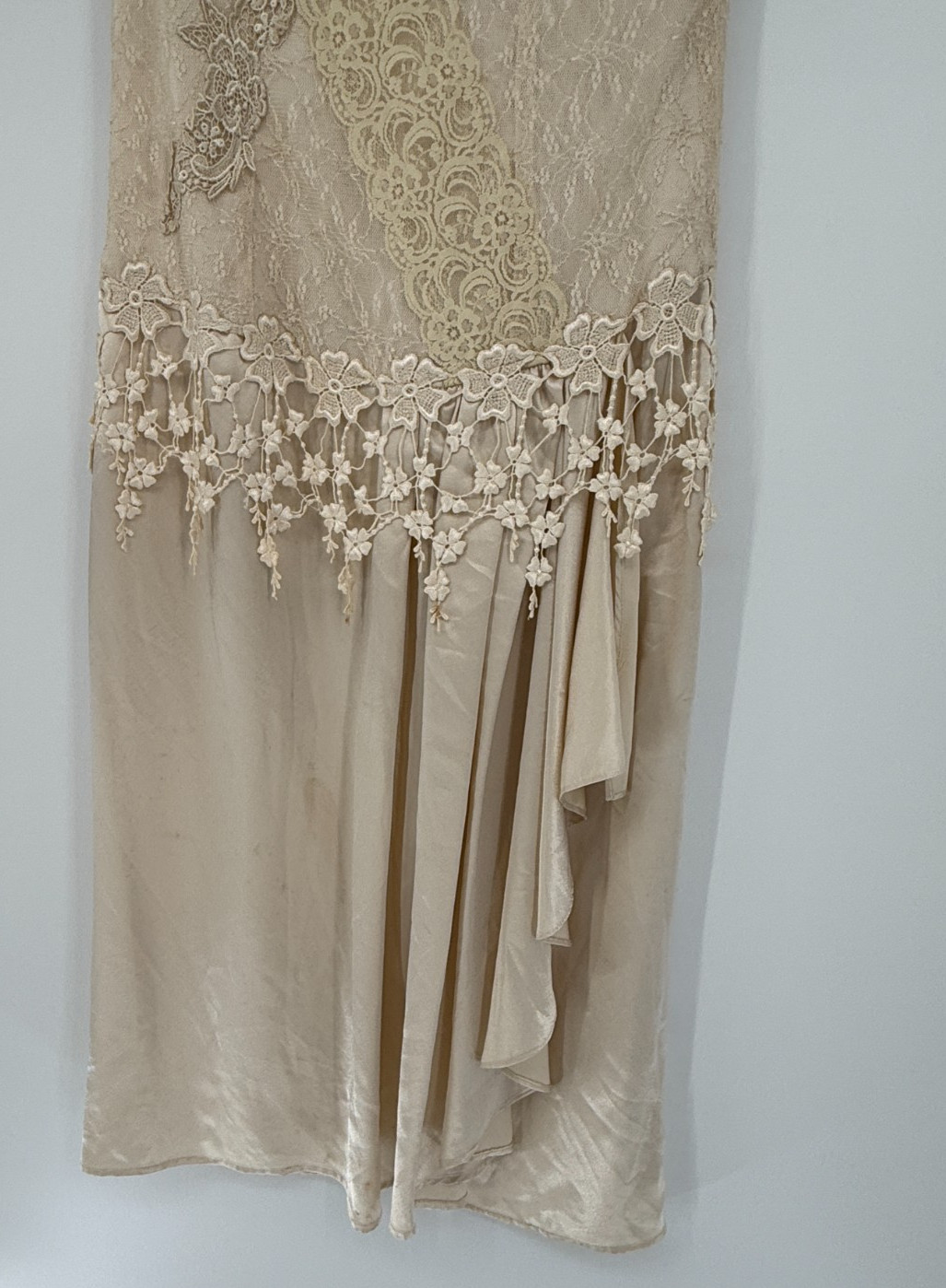 Vintage Ivory Lace Satin Midi Dress Cottagecore Victorian Prairie Romantic Fairy
