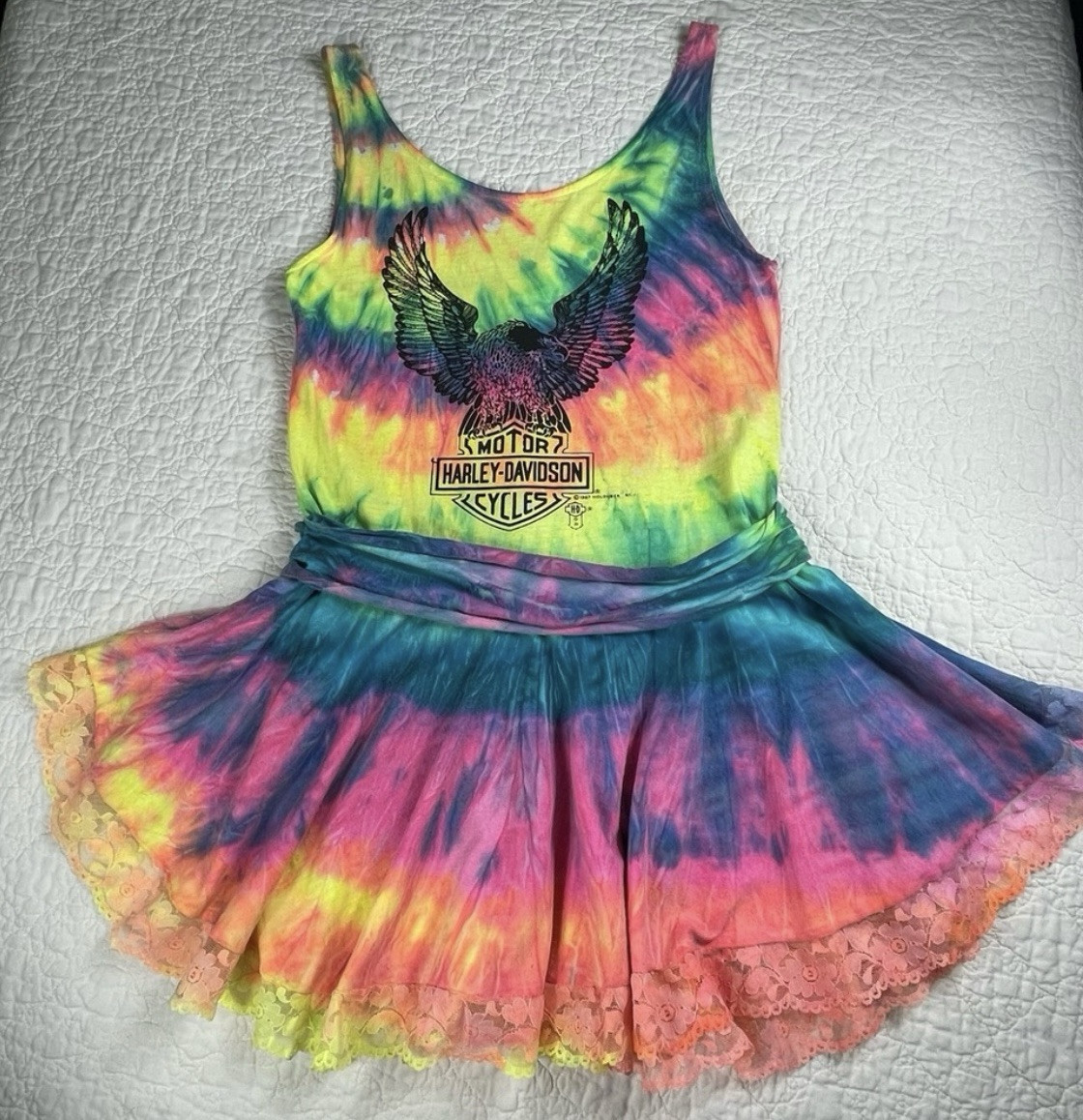 RARE VTG Harley Davidson Dress 1987 Holoubek Tie Dye Grunge Mini Flare Dress