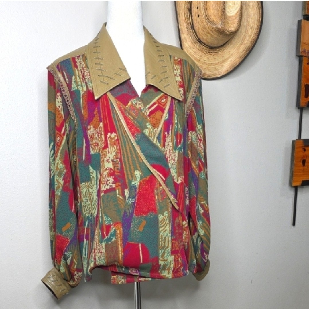 Vtg 80s Marc D’Alcy Abstract Blouse Leather Trim Western Wearable Art Size 8