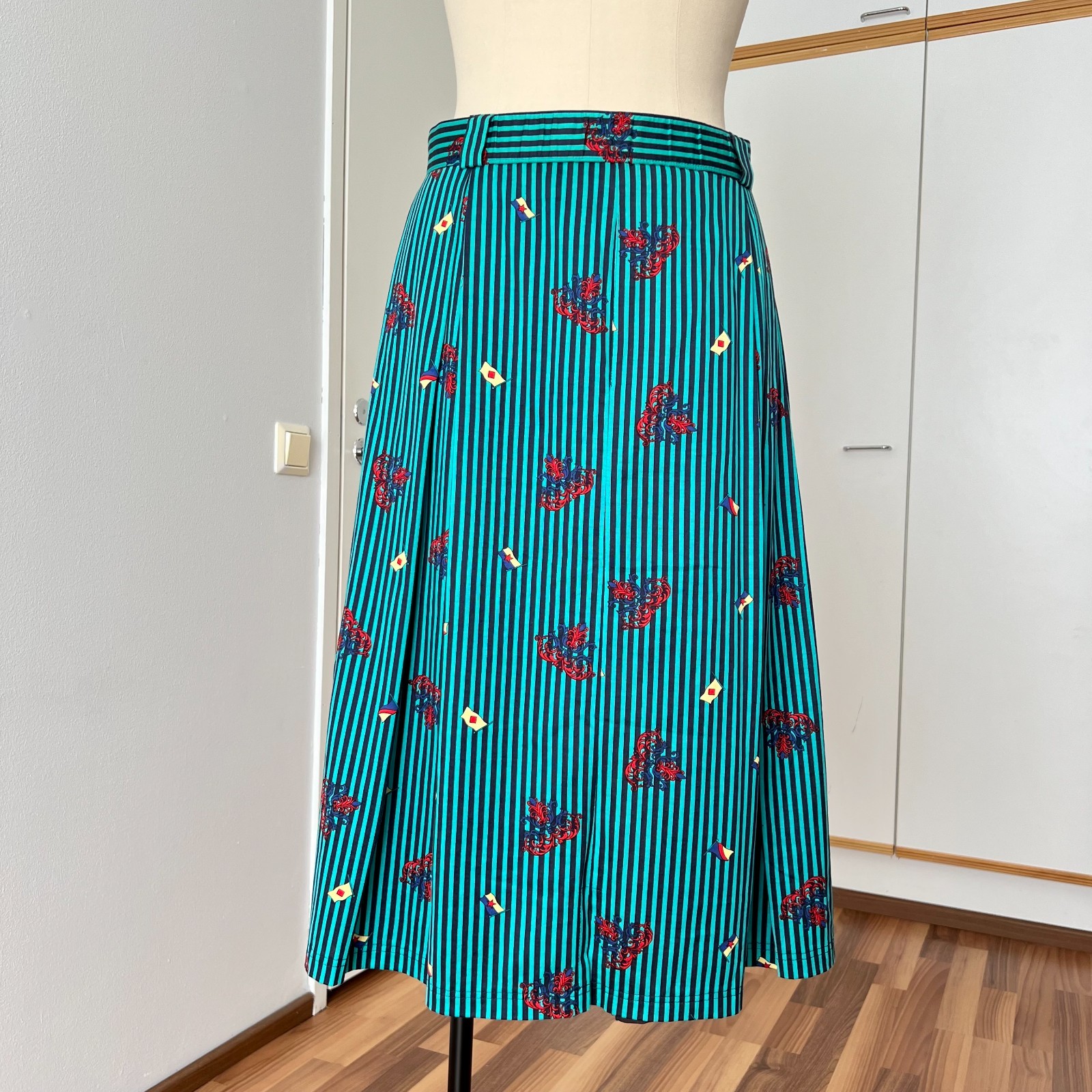 1980s BLEYLE Cotton Pleated High Waist Midi Skirt Preppy Summer Striped Aline 38