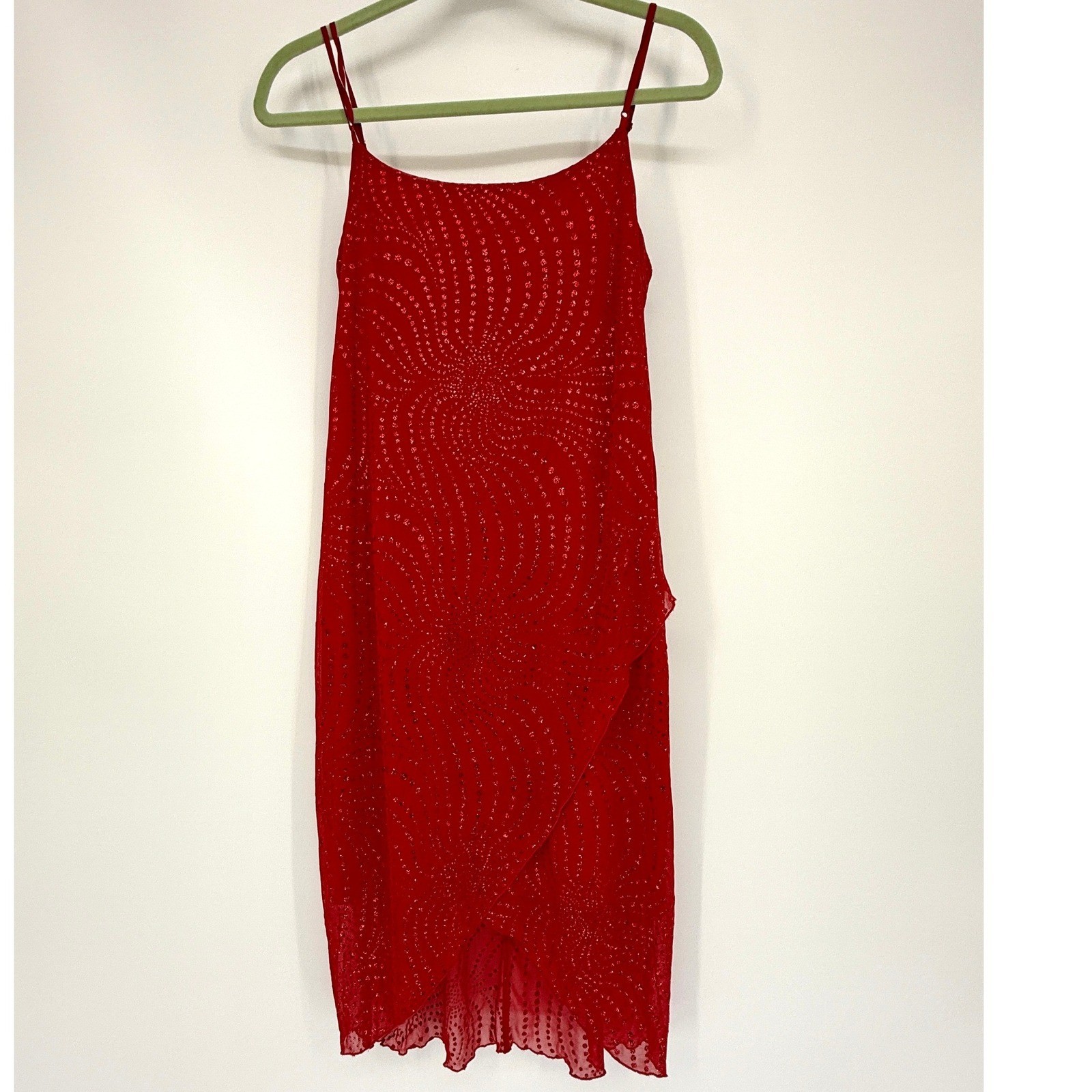 Vintage City Triangles Red Sheer Midi Dress Y2K Fairycore Asymmetrical Glam