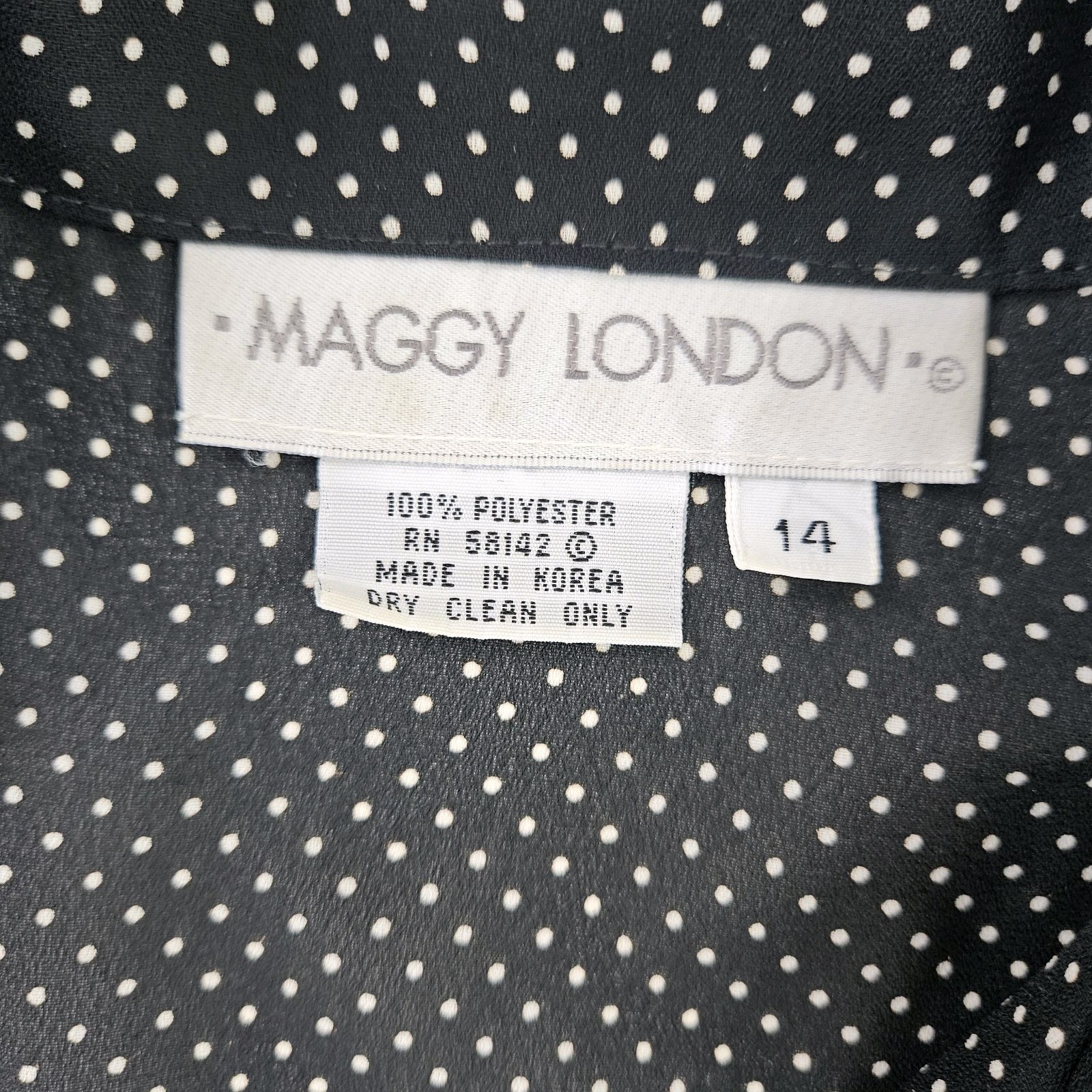 Vtg 80s/90s Maggie London Black White Polka Dot Blouse Shoulder pads L Sheer MOP