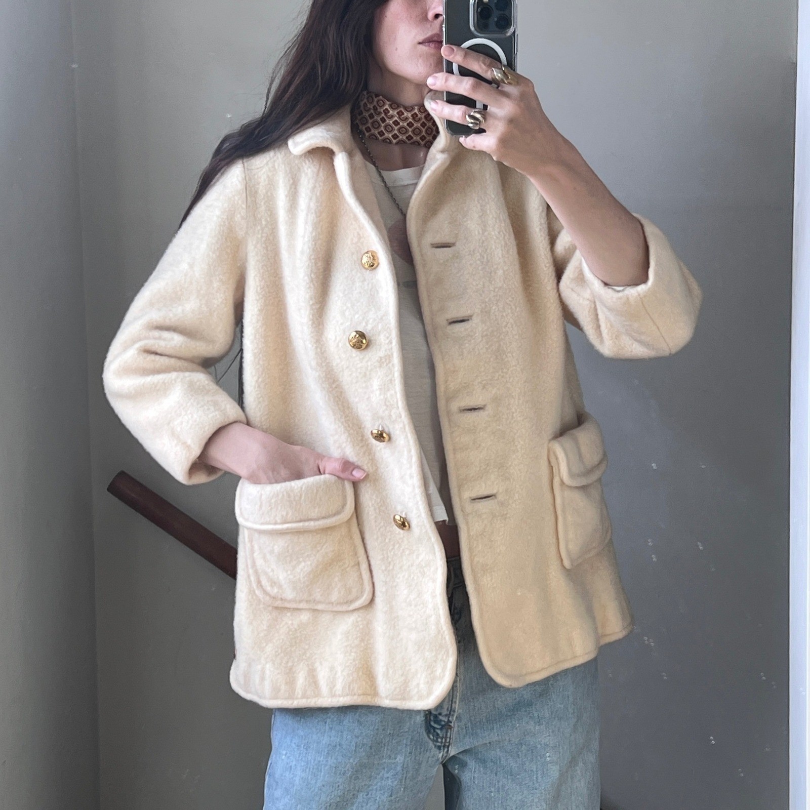 Vintage Wool Mohair Coat Cream Gold Button Textured Fuzzy Mod MCM Glam