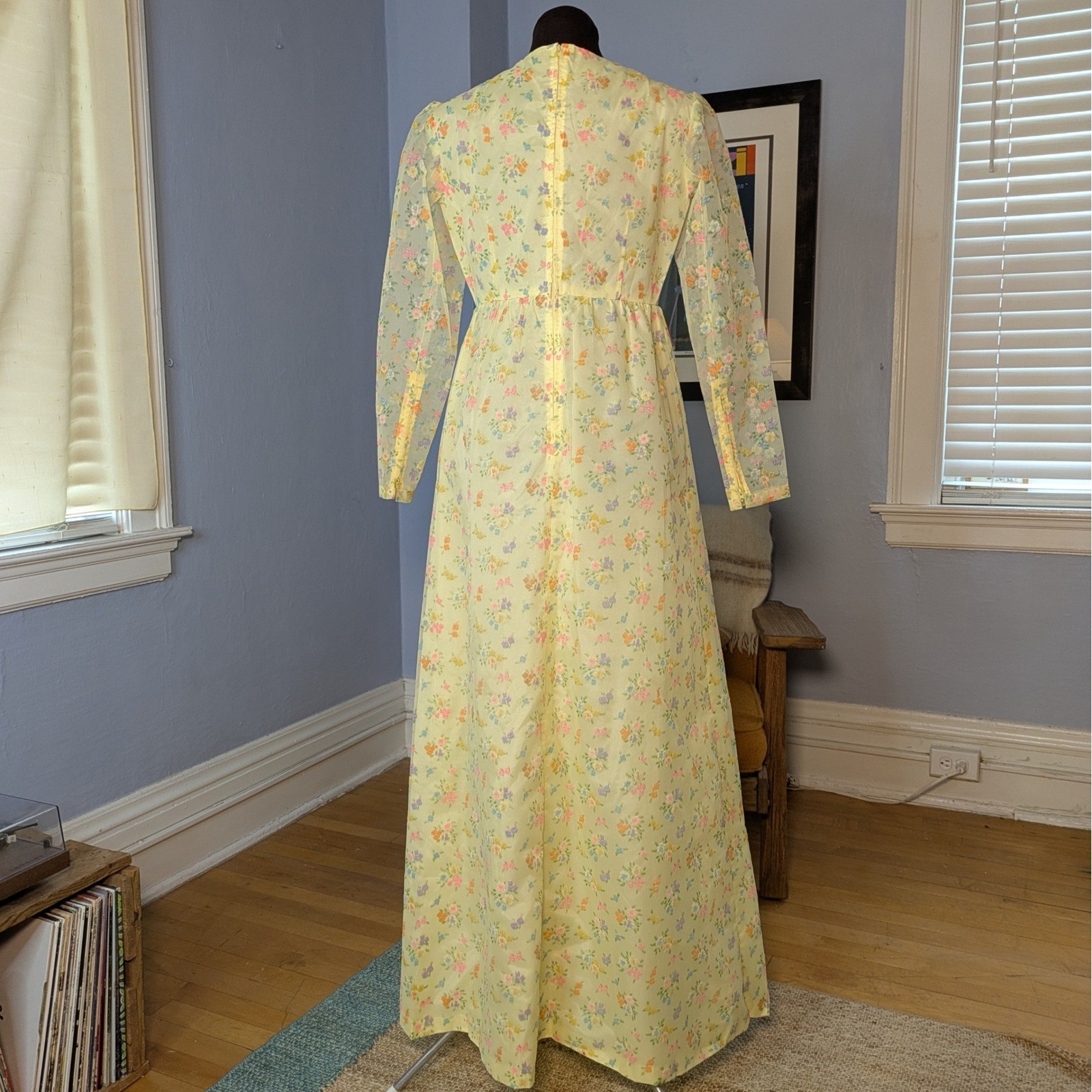 Vintage 70s Yellow Floral Maxi Dress Long Sheer Sleeve Empire Waist Pastel Gown