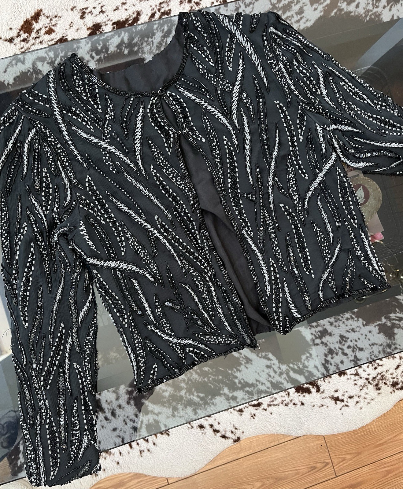 Vintage 80s Beaded Black & Silver 3/4 Sleeve Top with Clasp Closure – Sz: M