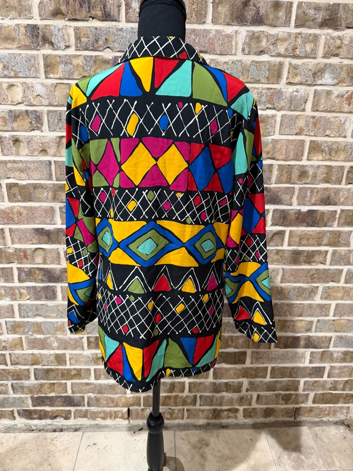 CM shapes women’s vintage 1990’s multi-colored geometric shape polyester blouse
