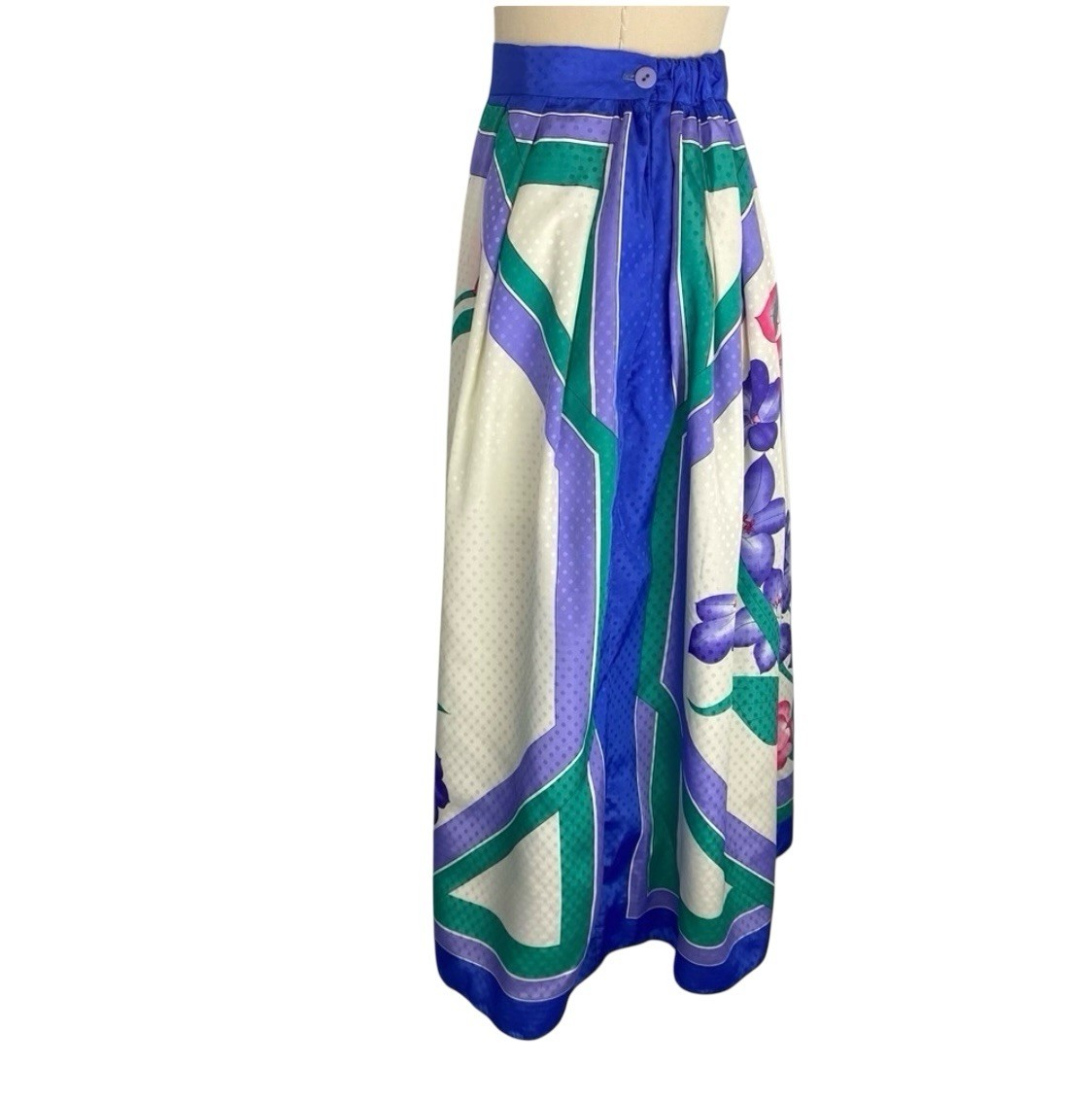 Vintage Tropical Floral Midi Skirt Blue Purple Green Elastic Waist Size MEDIUM
