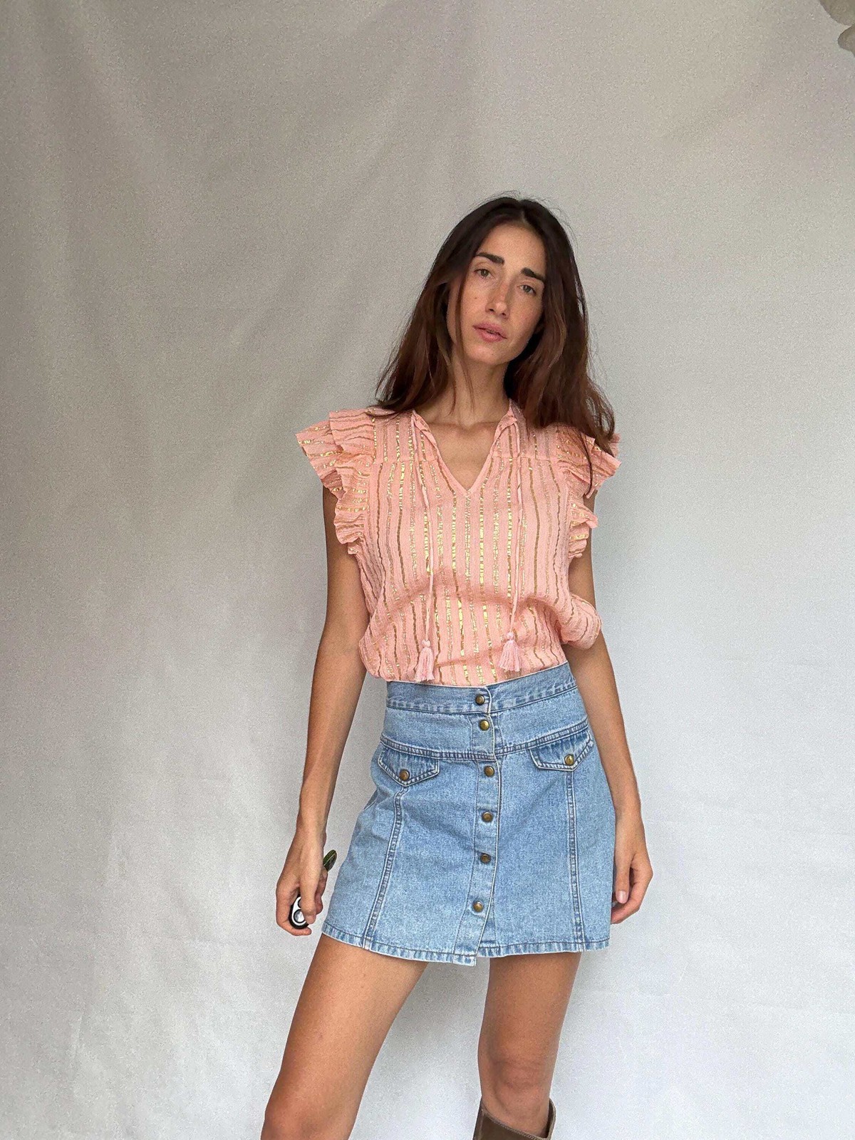 Pink and gold striped cotton top, XS
