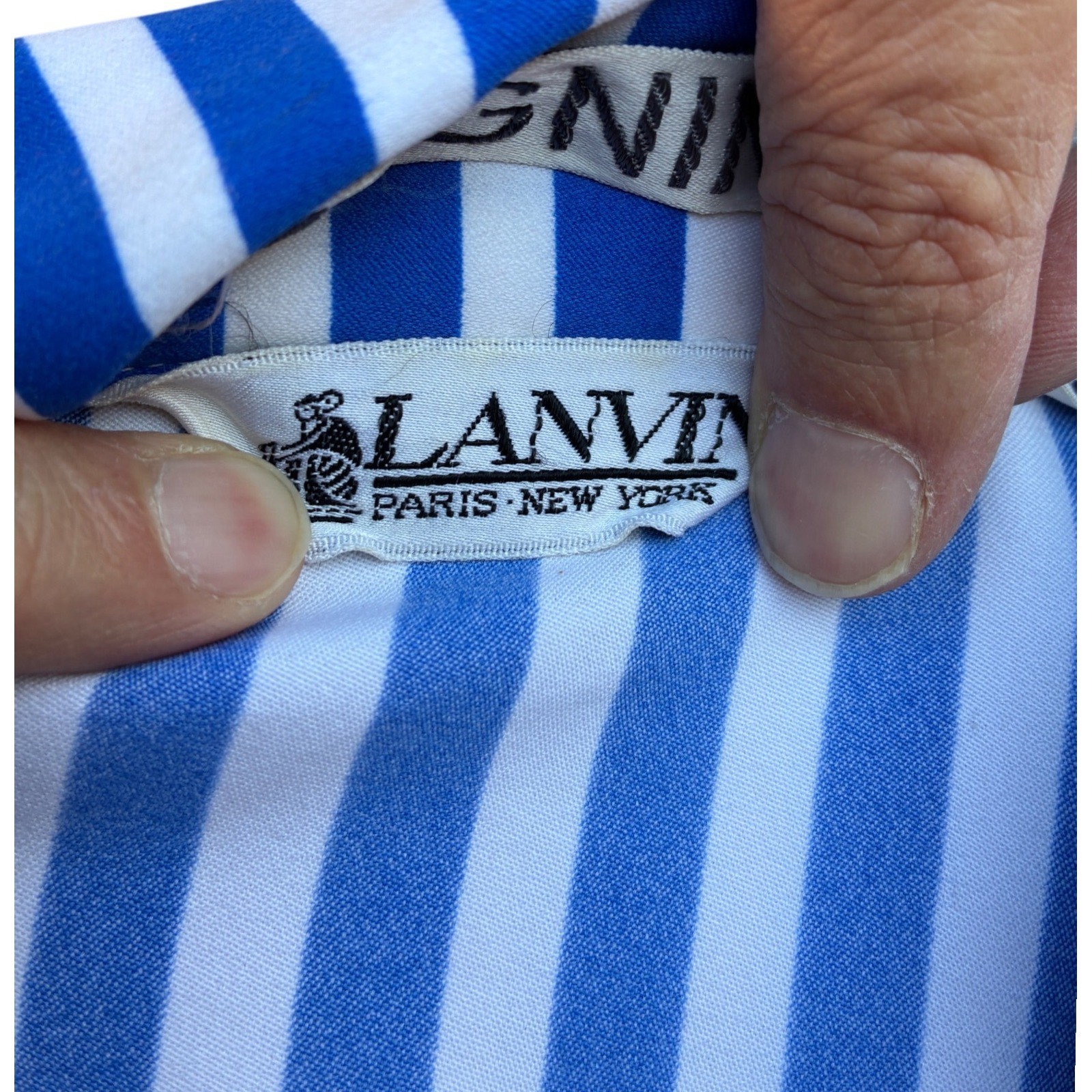 Vintage Lanvin I Magnin Blue White Striped Op Art Shirt Dress Belted Size 16
