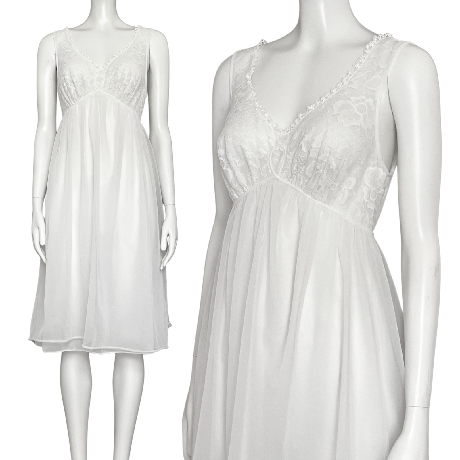 Vintage 50s Vanity Fair White Babydoll Lace Nightgown Slip Dress. XS 32. Bridal