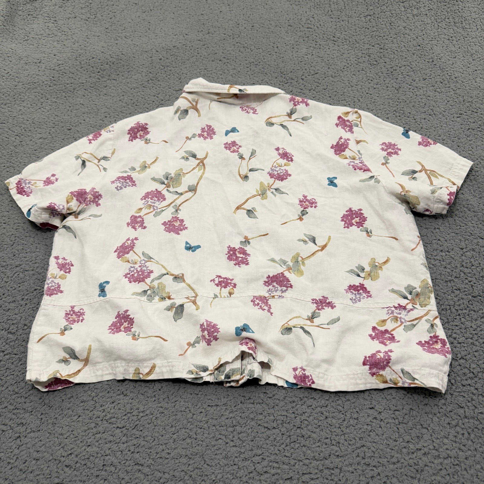 Country Wear Casuals Linen Blend Floral Butterfly Button Up Top Womens Large 90s
