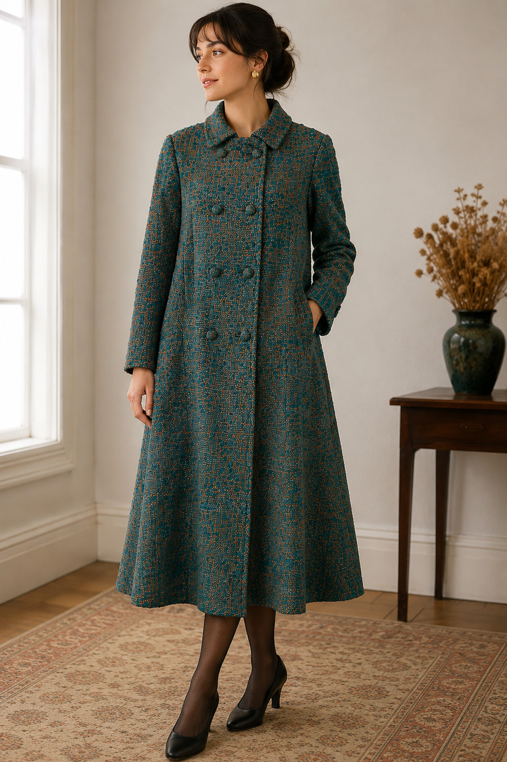 Raw Silk Coat Vtg 60s Teal Copper Quilted Panel Lining Hong Kong Herald Tang