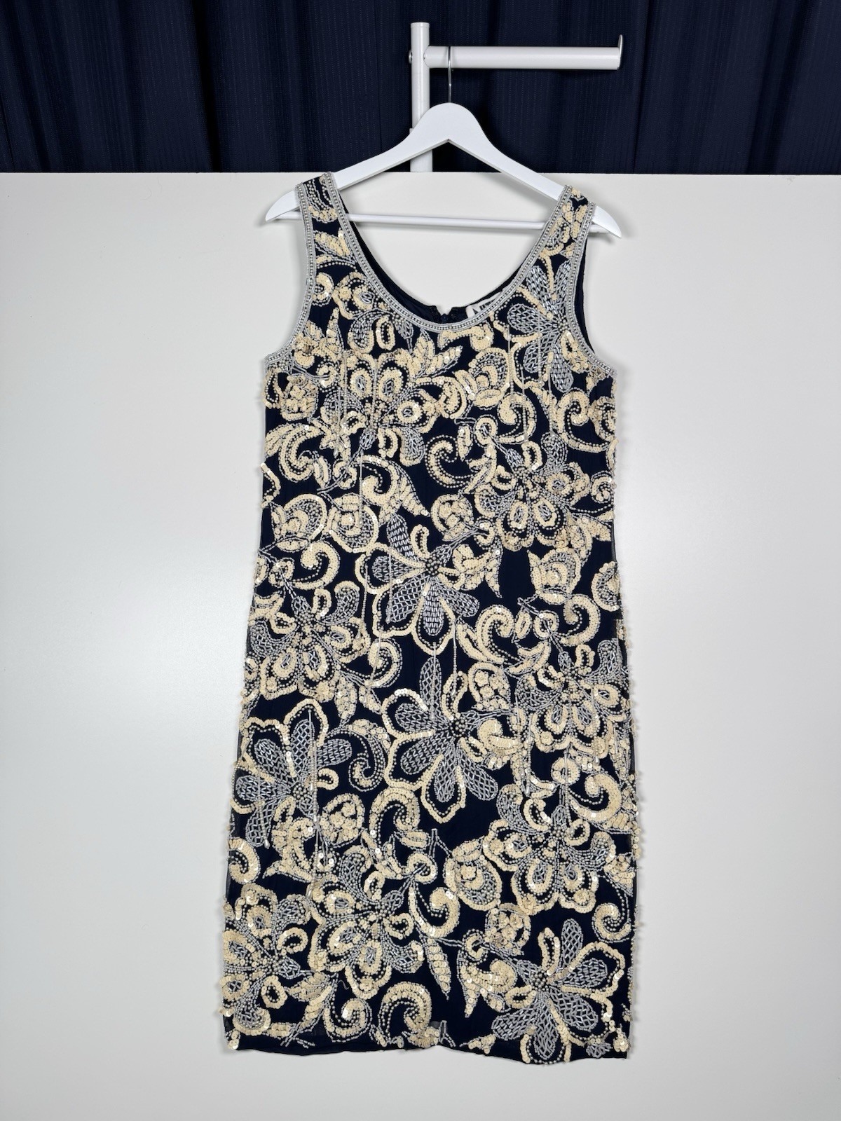 Vintage 80s 90s NITE LINE Beaded Sequin Silk Dress Blue Gold Floral Niteline 10