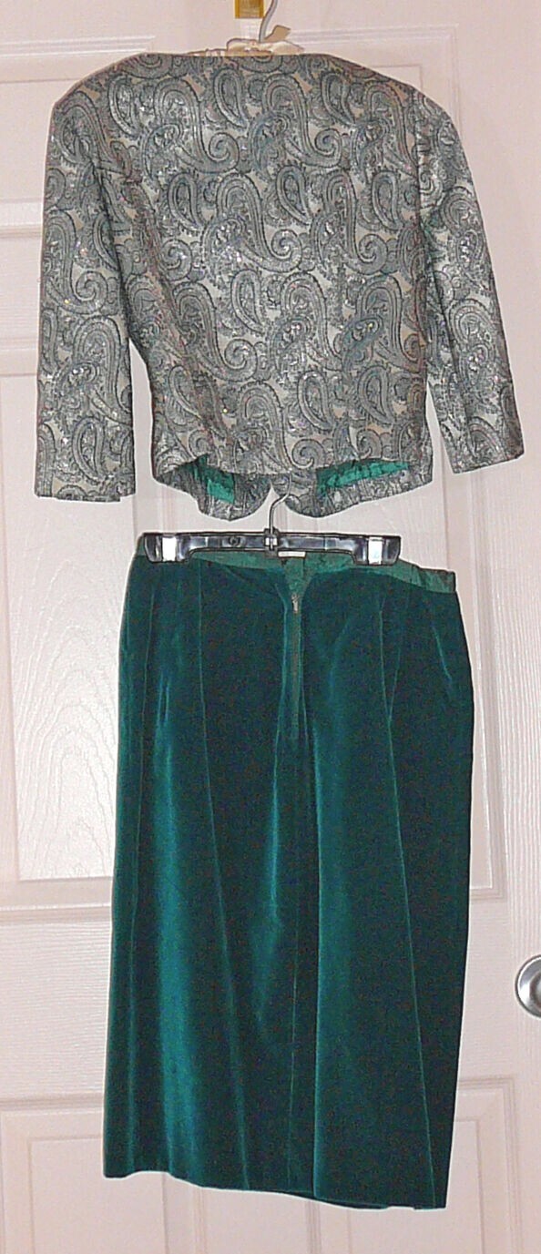 Green velvet skirt and brocade jacket two-piece vintage outfit. Custom made