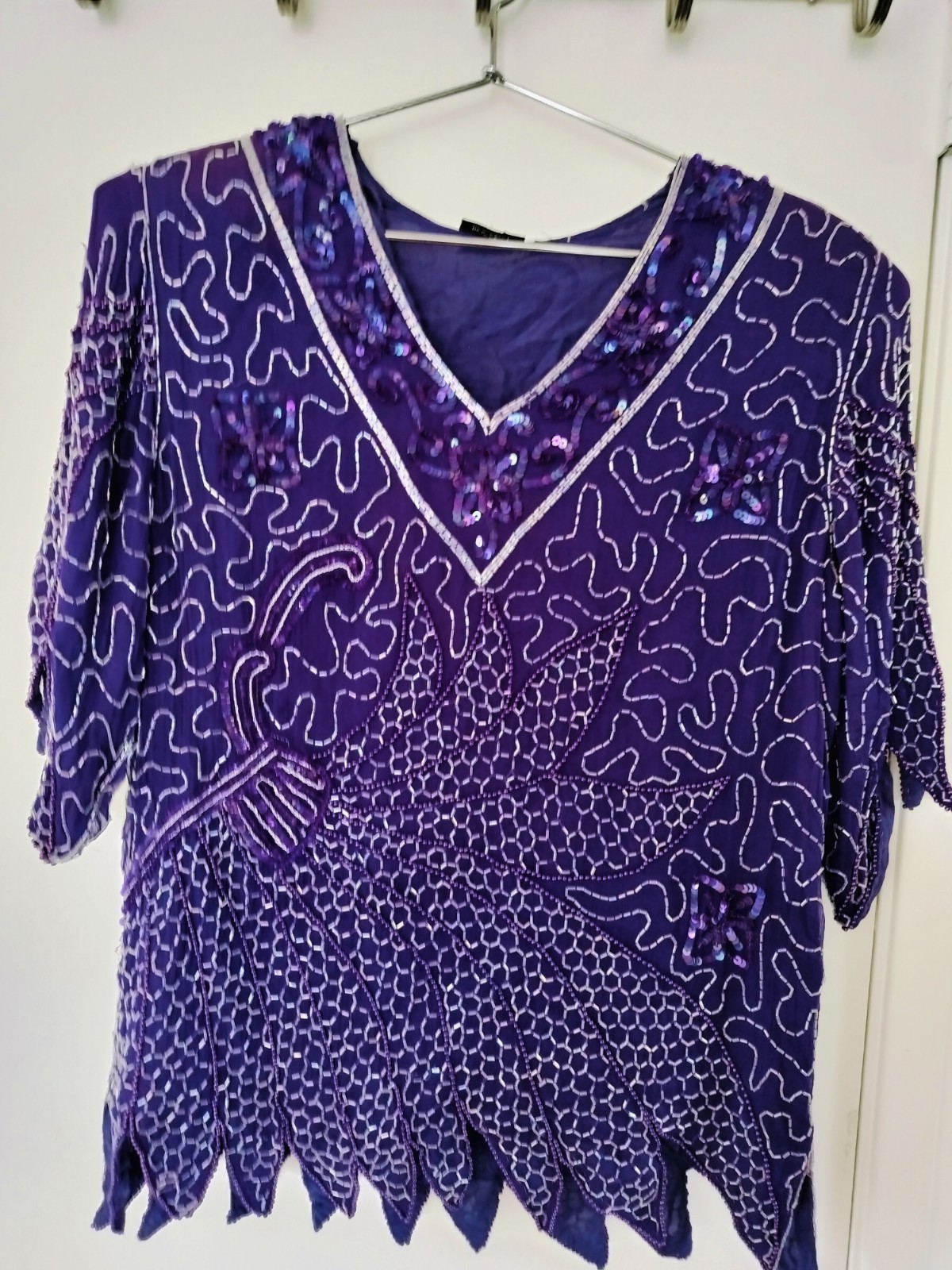 Vintage Samir Suri Beaded 100% Silk Blouse Purple Iridescent Sequin Top Large