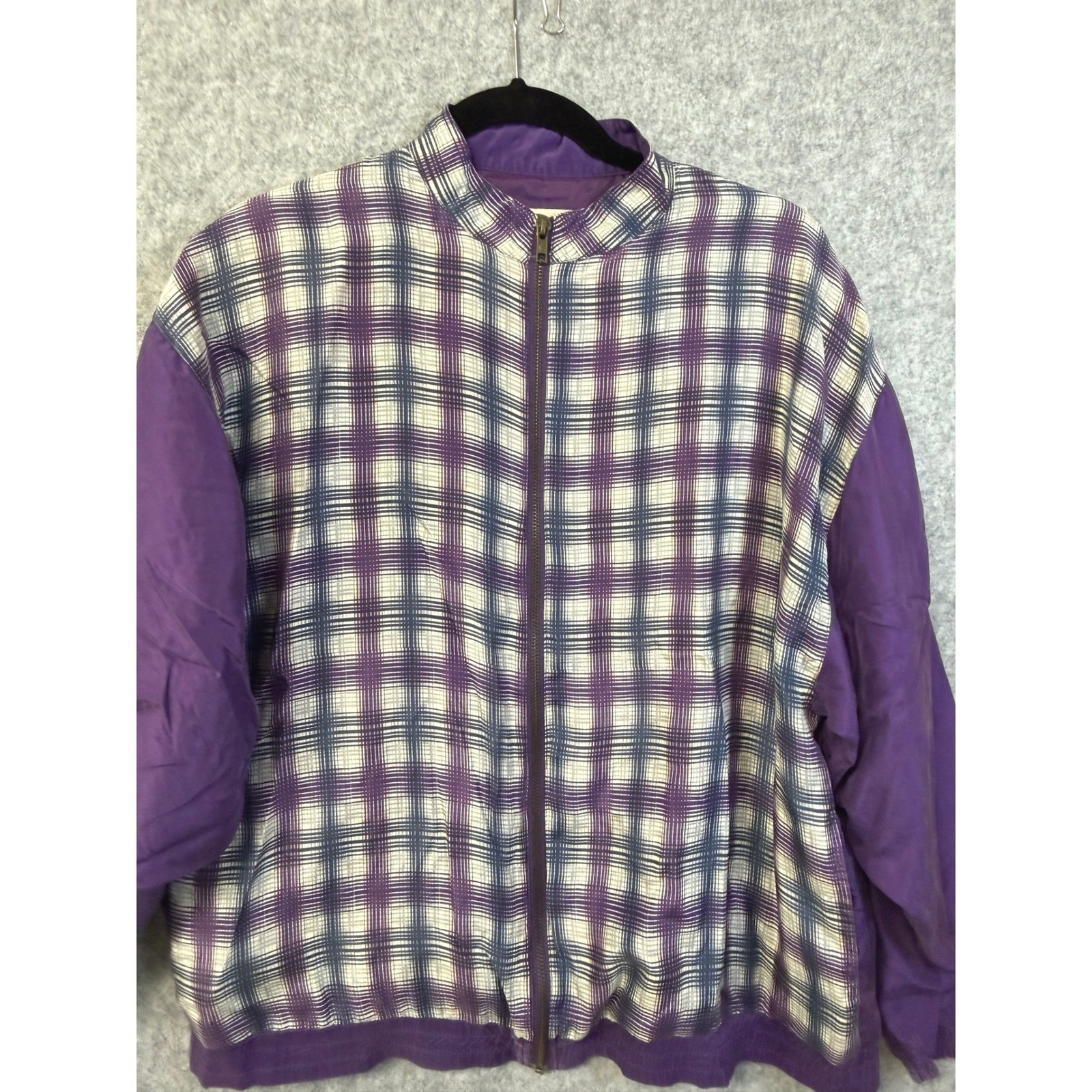 Vintage Out Brook Silk Bomber Jacket WomensMed Purple Plaid Full Zip Windbreaker