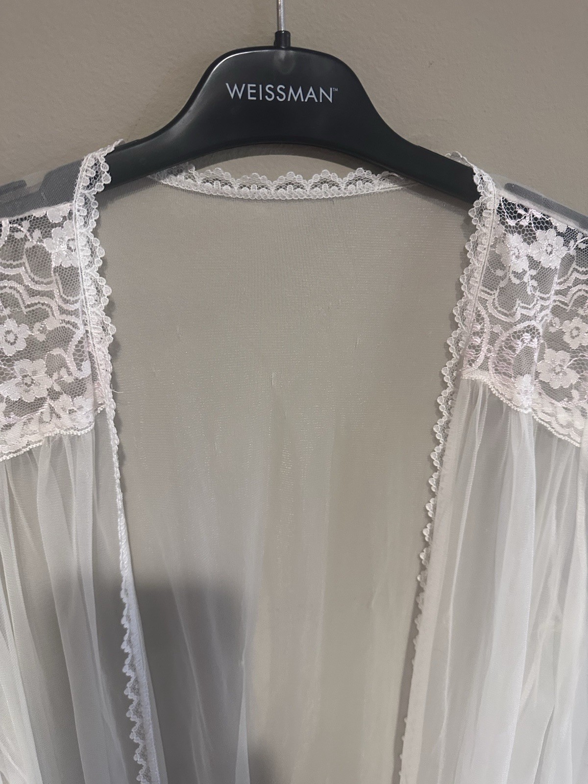 vintage Sheer White Robe With delicate lace details on the neckline and cuffs.