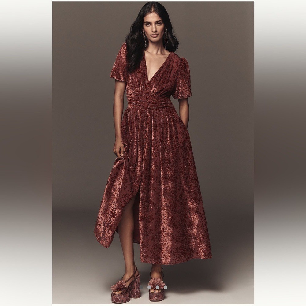Anthropologie Red Velvet Jacquard Midi Dress – NWT Size XS