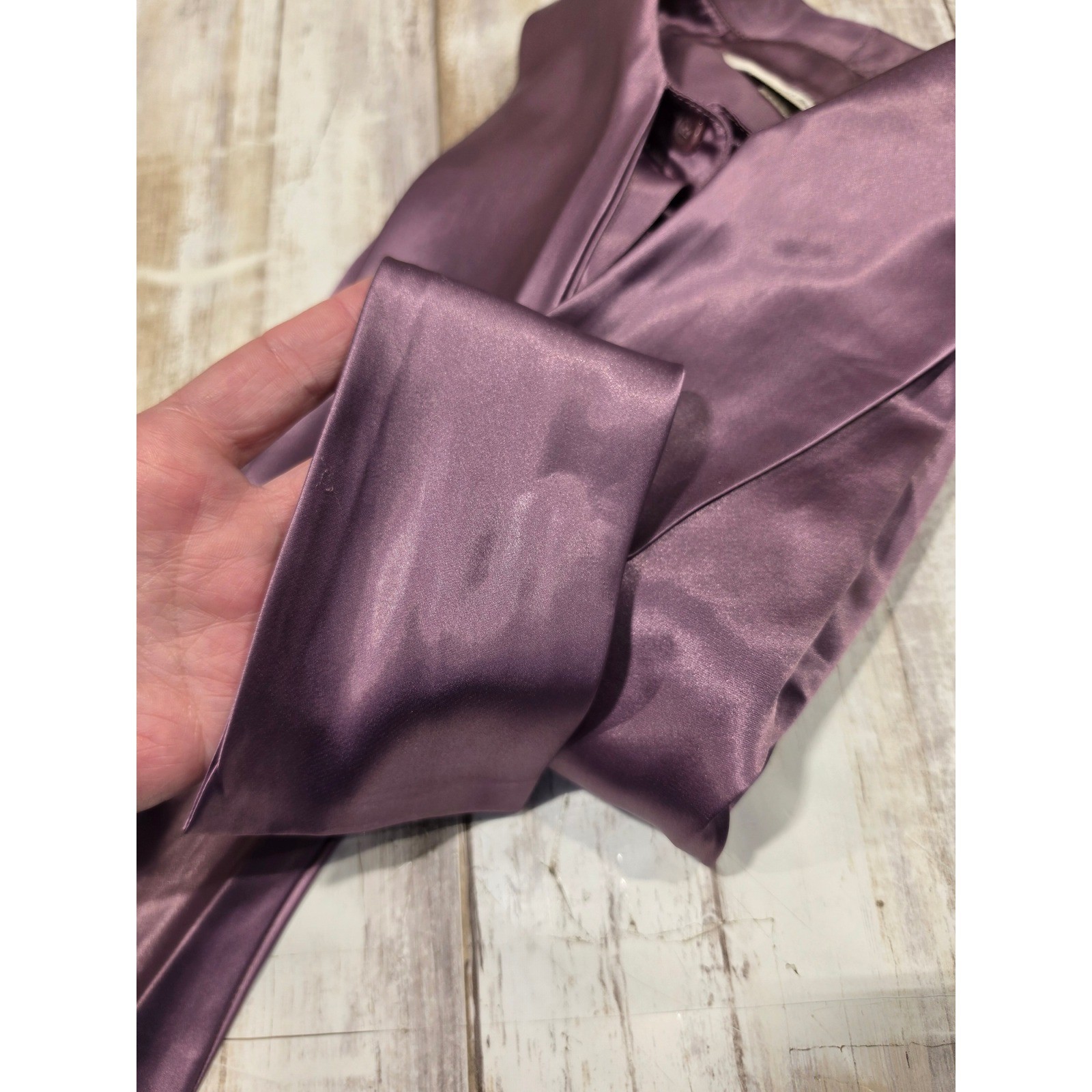 St John 3 Pc Skirt Suit Set Metallic Knit Cardigan Satin Bow Blouse Plum Mauve