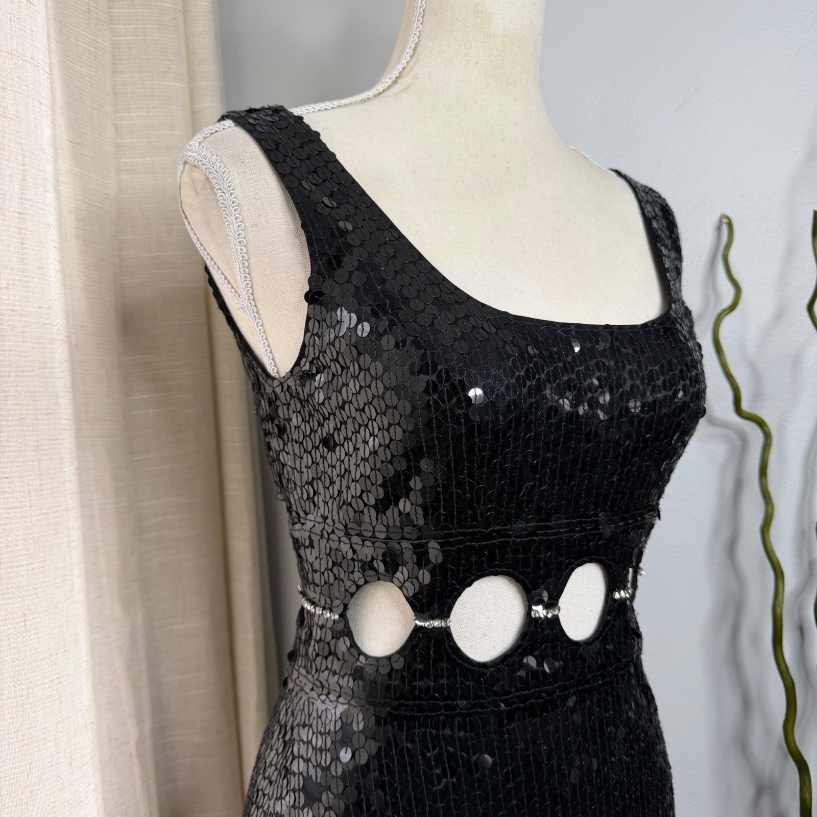 Vintage Niteline Della Roufogali Sequin Cutout Rhinestone Mini Dress Black 4