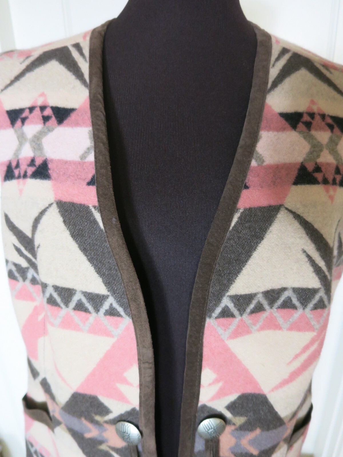 Vtg Pendleton Vest Wool Suede Trim Brown Beige Salmon Tassels Southwest Medium