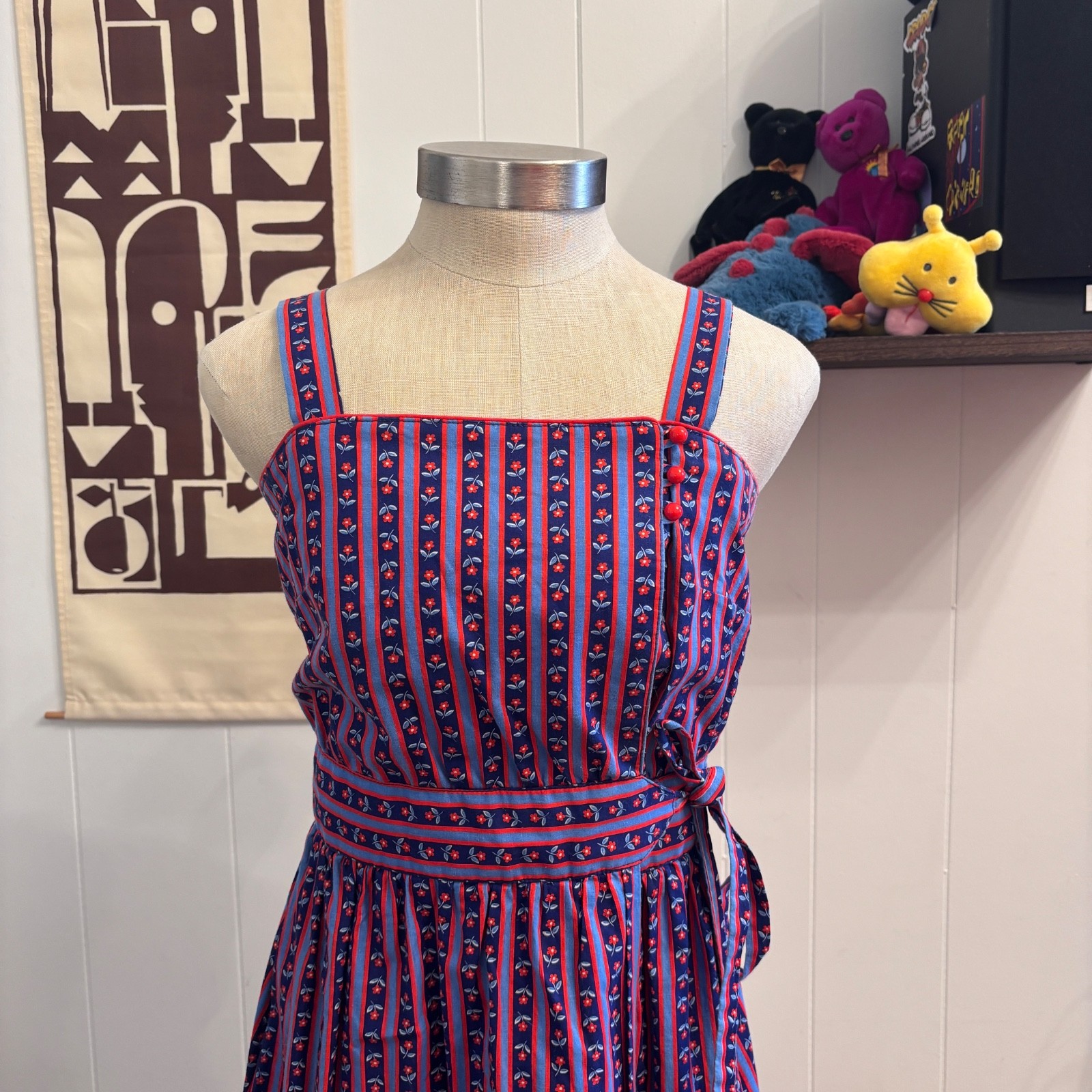 Vintage LANZ ORIGINALS Retro Red And Blue 1960s Striped Floral Wrap Dress Sz S