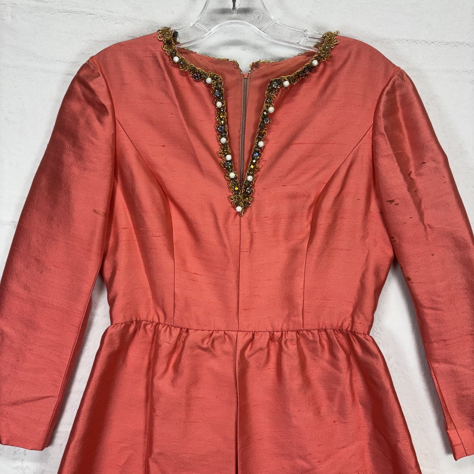Vintage Gino Charles Dress Silk Wool Pink Beaded V Neck Mod Cocktail 60s Size 6