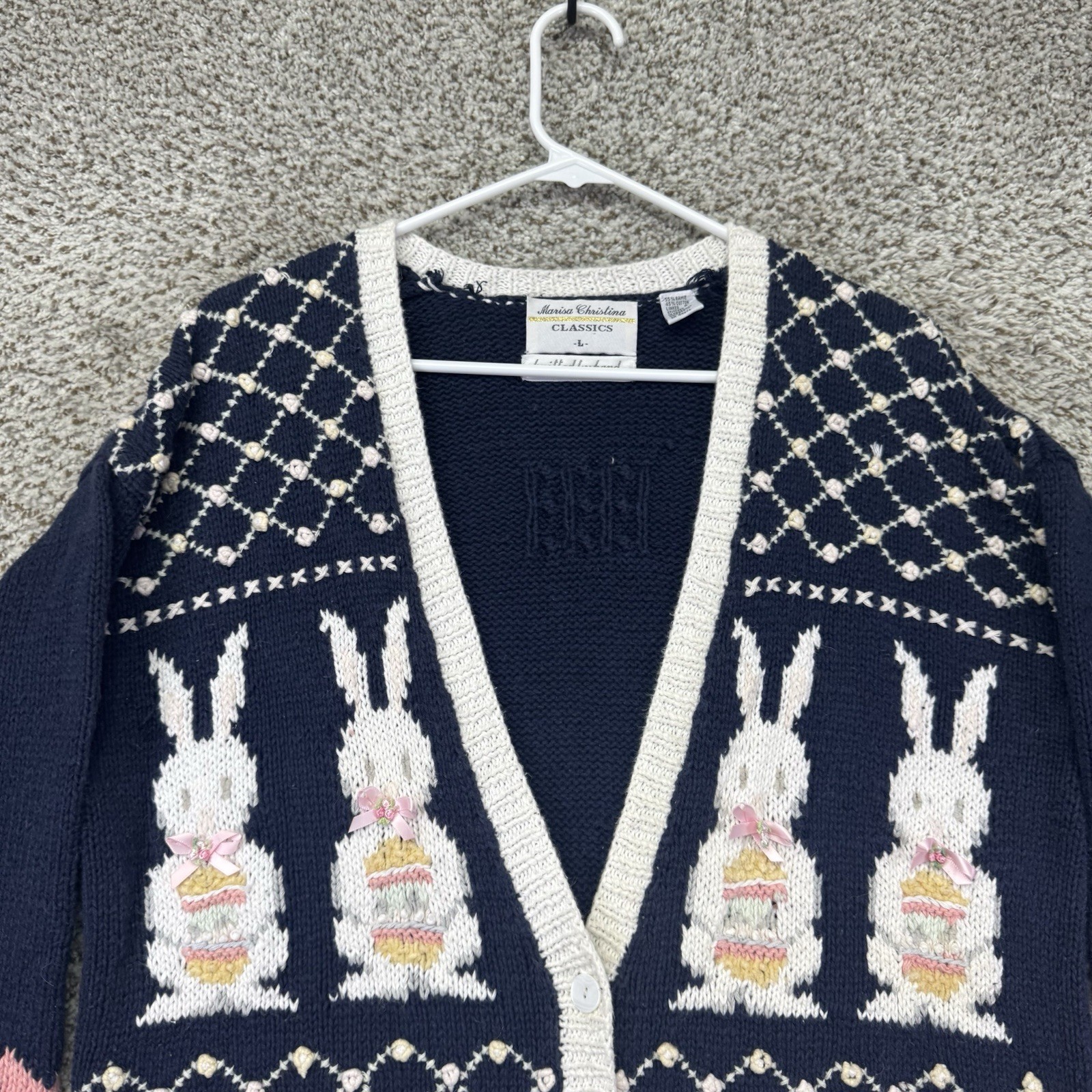 VTG 90s Marisa Christina Sweater Women’s Large Hand Knit Cardigan Easter Bunny