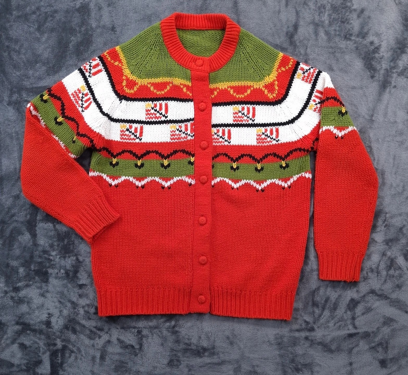 Vtg Handmade Button Front Sweater Red Green Acrylic Blend Womens M 80s Style