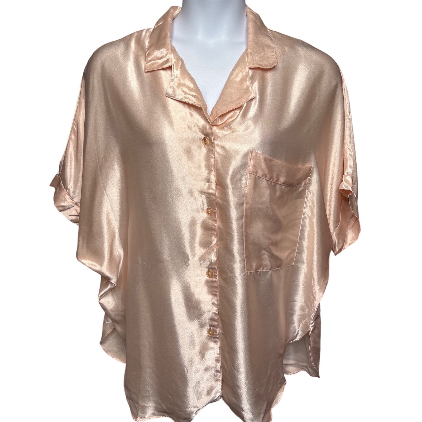 VTG 90s CALIFORNIA MISS Champagne Satin Button Down Pajama Top 2X Coquette Silky