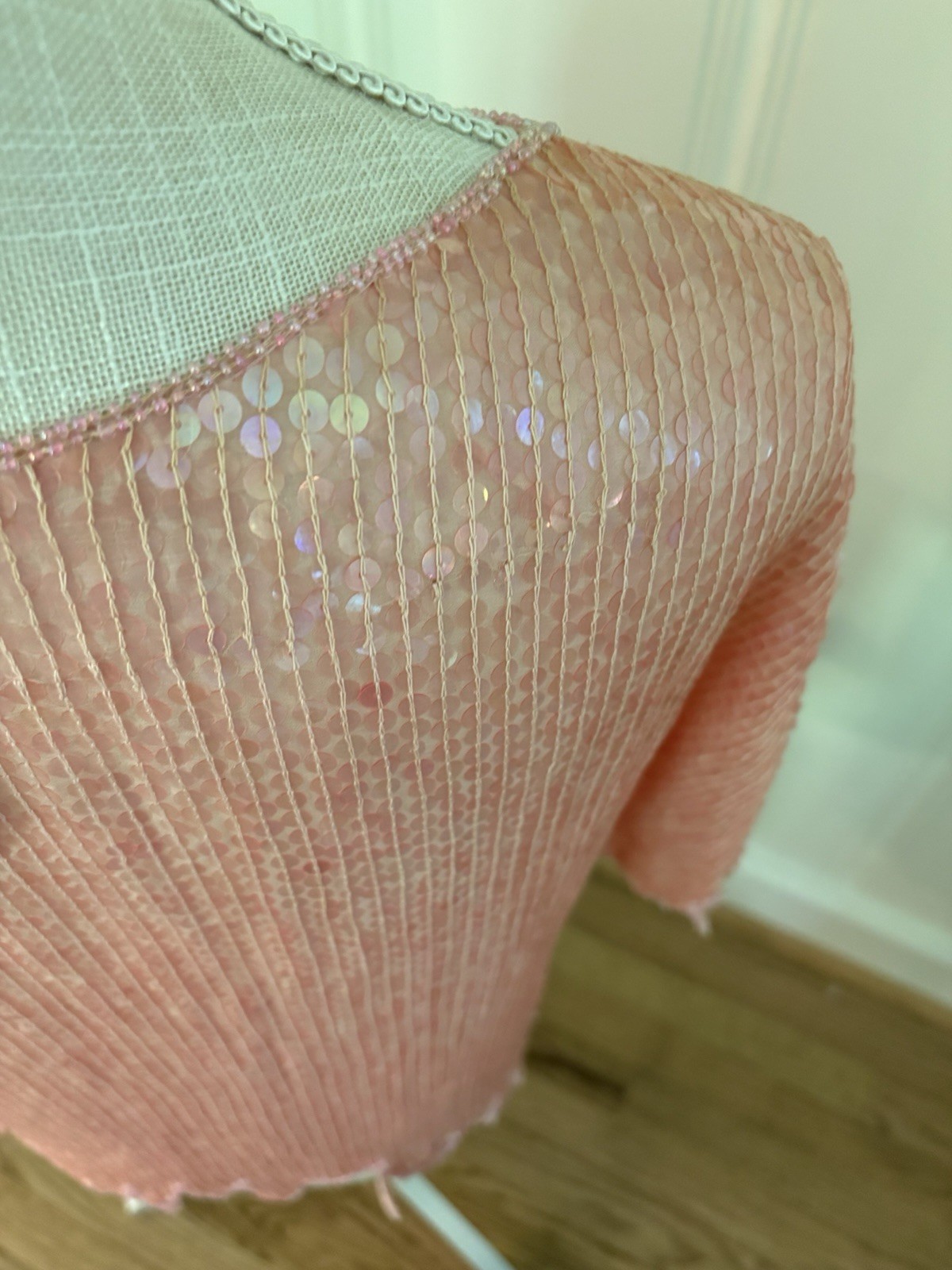 Vintage 80s Hand Beaded 100% Silk Top Pastel Pink Sequin. NWT!M Deadstock. India