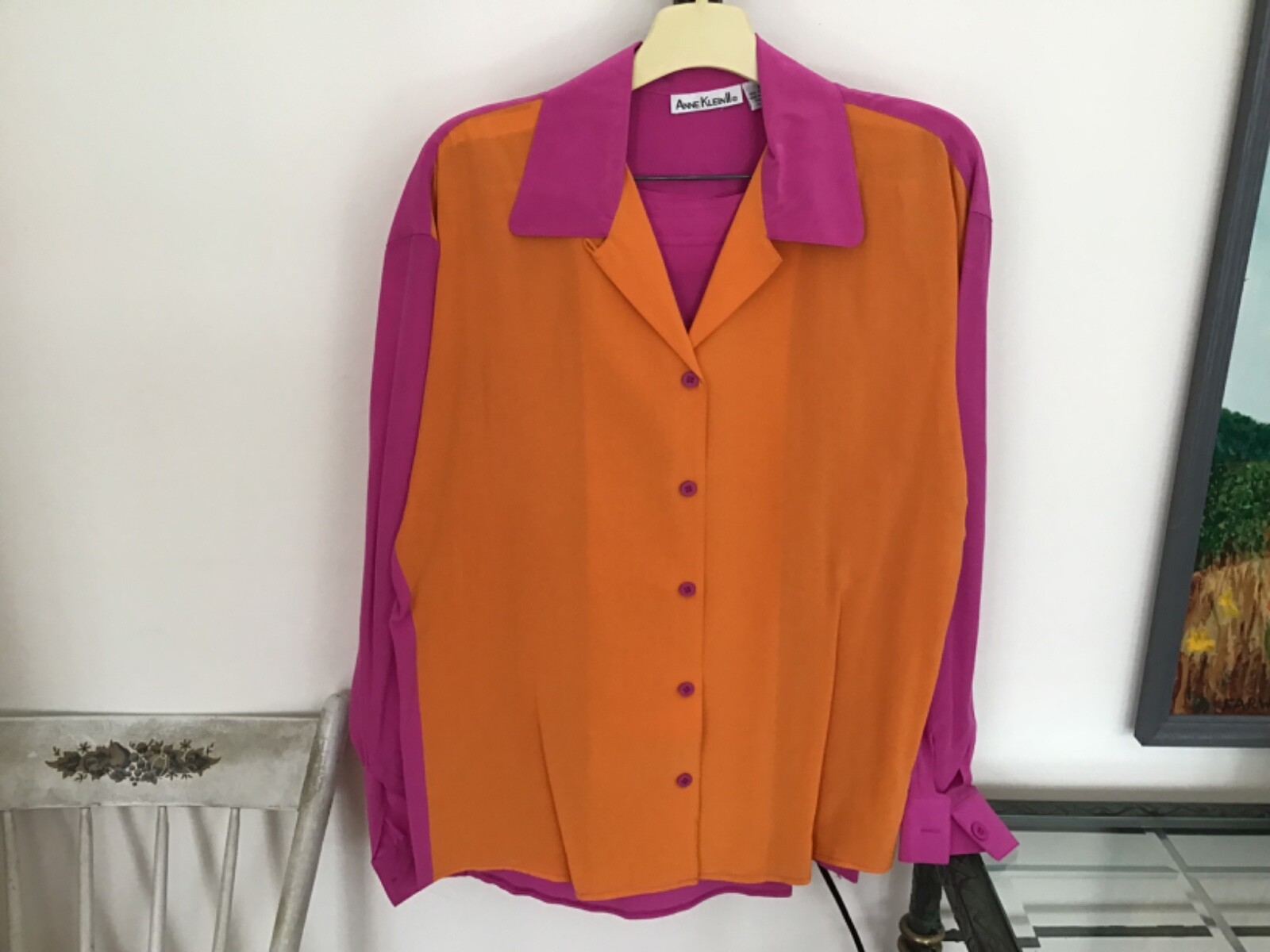 Vtg ANNE KLEIN II Silk Blouse Size 6 Skirt Size – 8 Hot Pink Orange Color Block