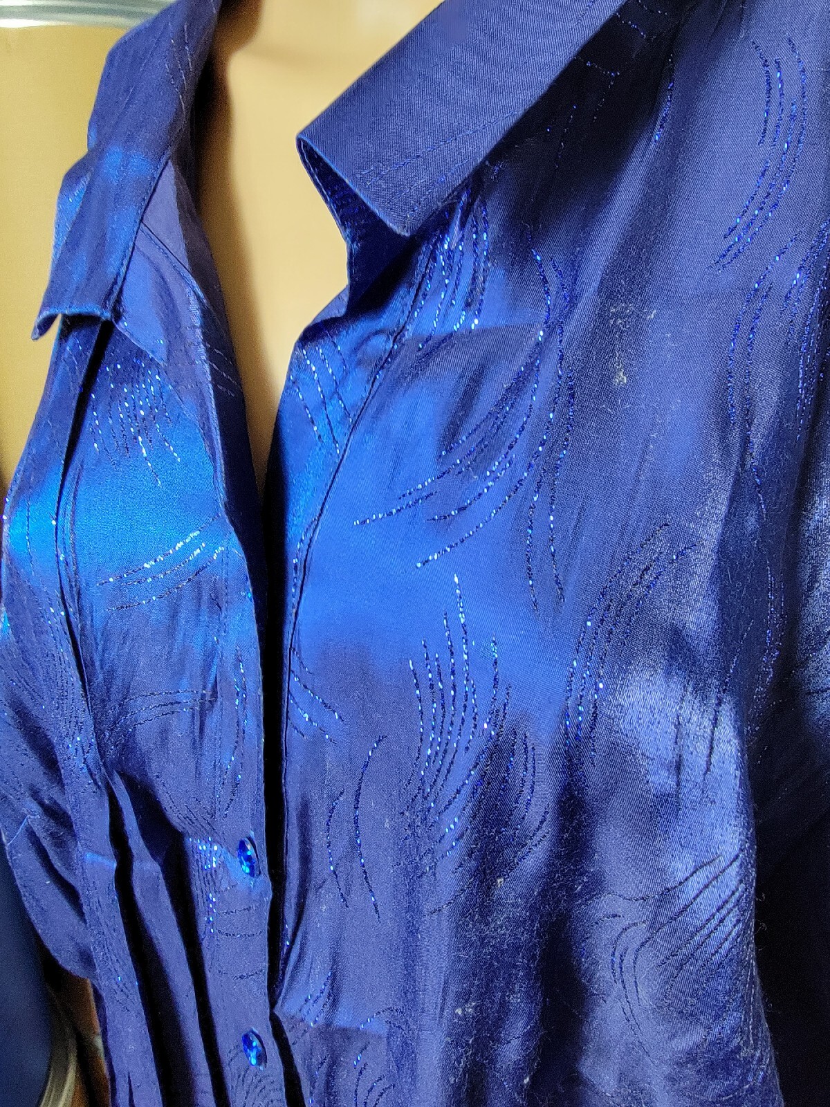 Vintage Womens Plus Button Up Shirt Blue Sparkle Long Sleeve 26w-28w Studio 1940