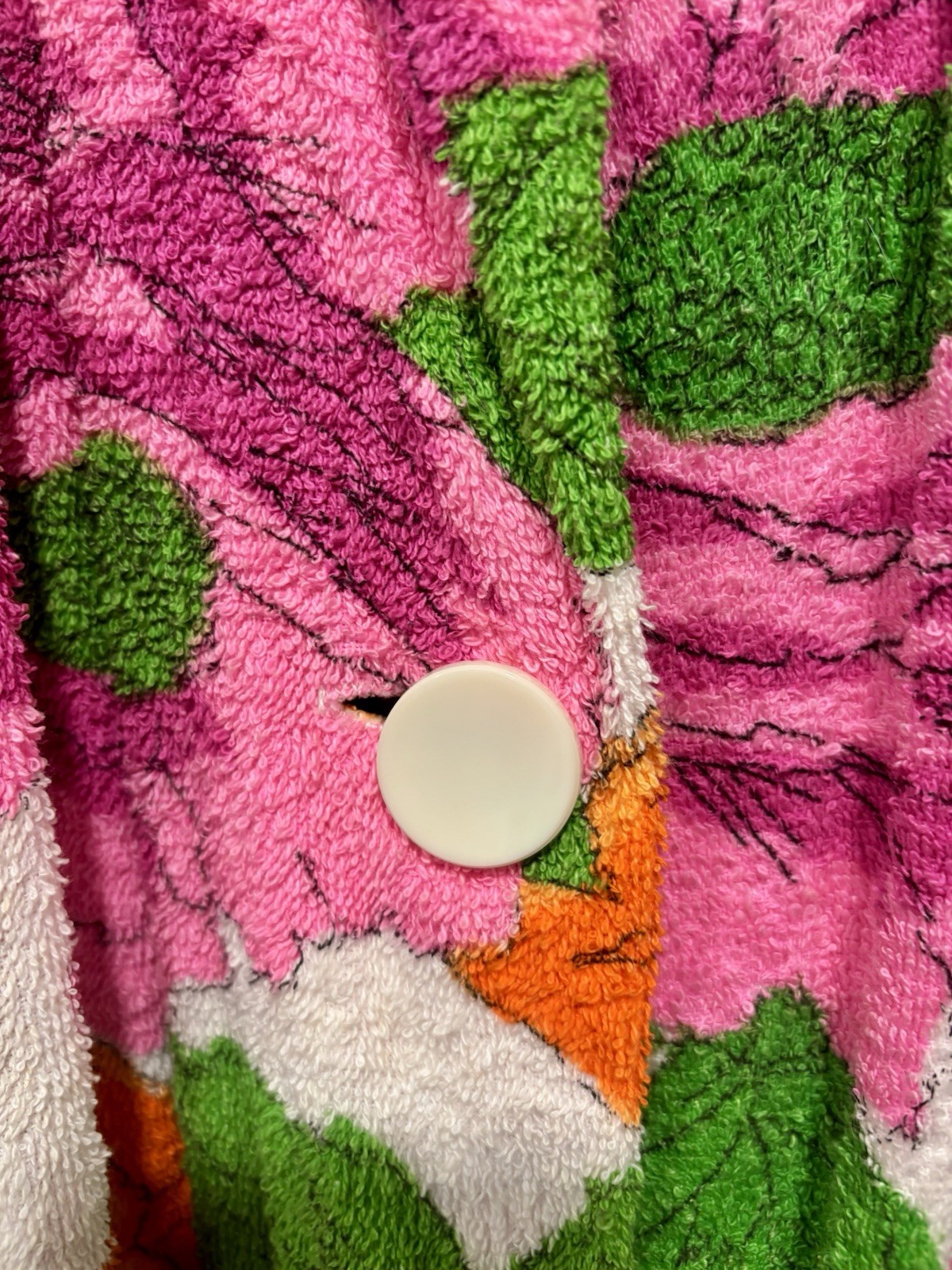 Vintage Floral Terry Cloth Button-Front Robe Housecoat Pink Orange Green MuuMuu