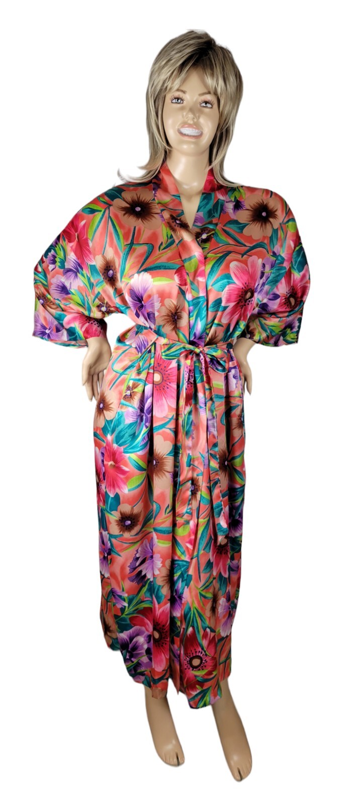 Vtg Sears Just For Women Tropical Floral Satin Maxi Caftan Kimono Robe One Size