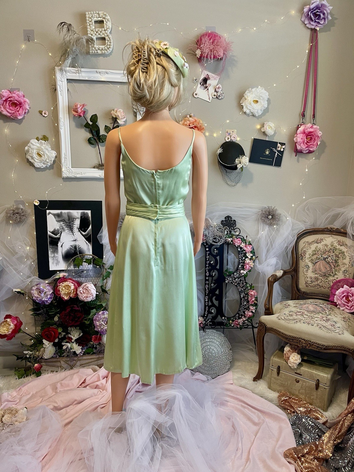 Vintage Satin Light Green Tea-Length Dress | Handmade | Removable Belt