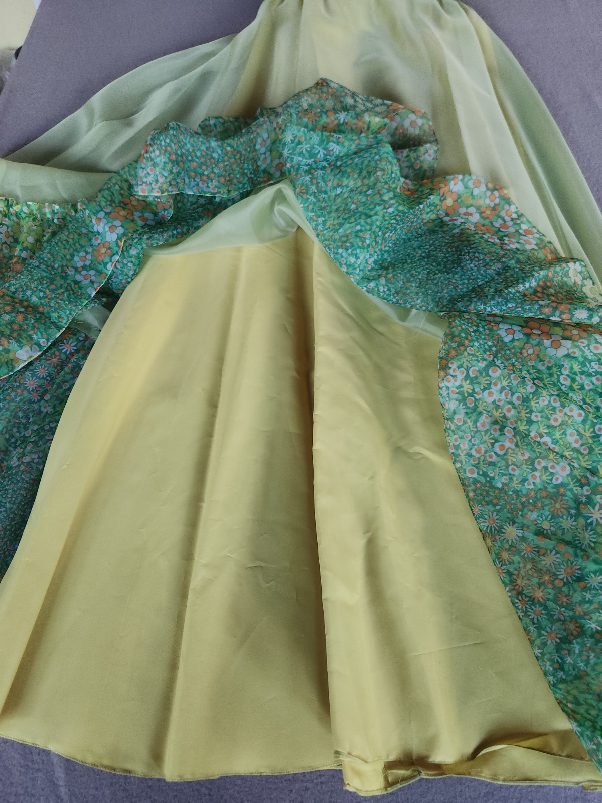 Vintage 60s Floral Chiffon Maxi Dress Ruffle Flutter Capelet Yellow Green Party
