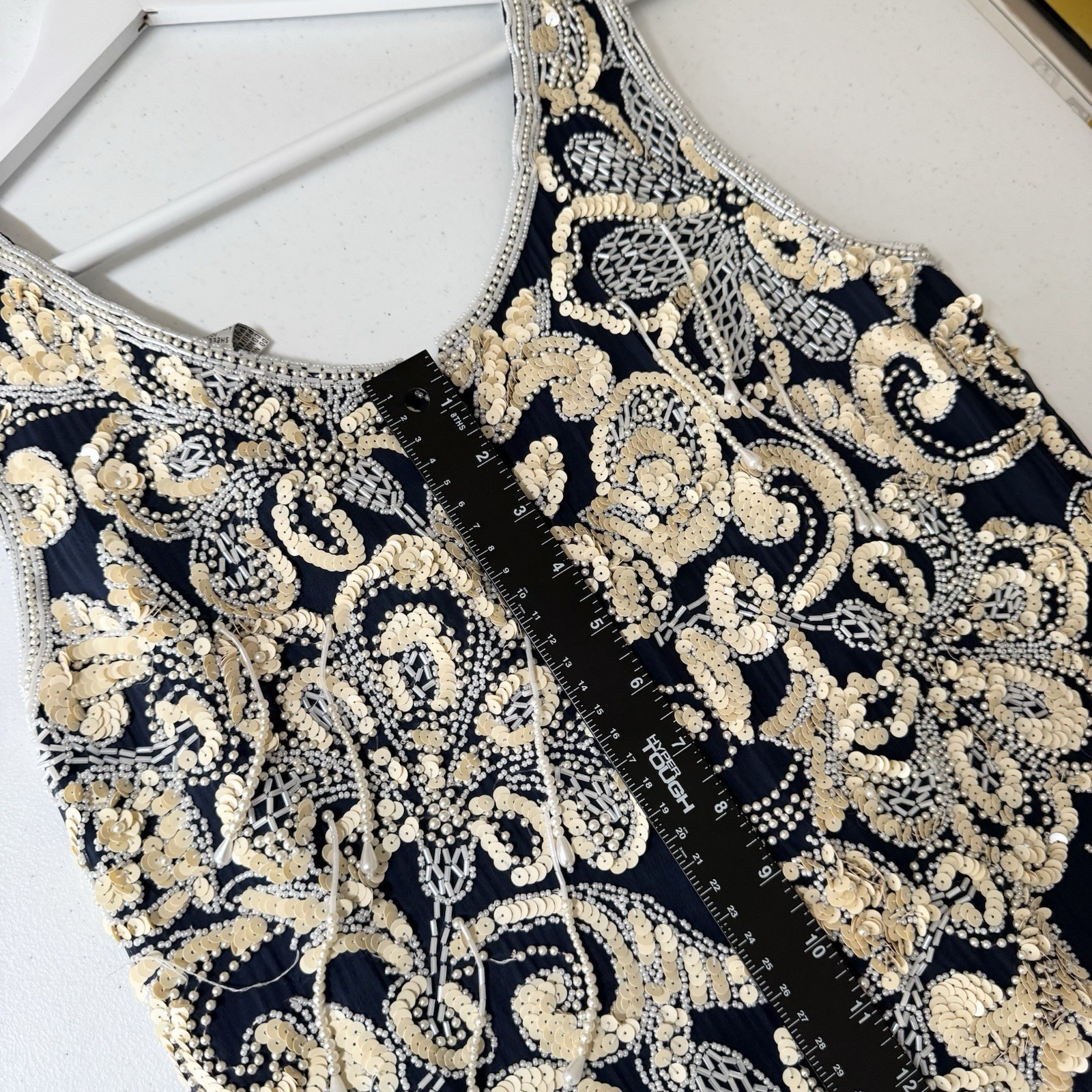Vintage 80s 90s NITE LINE Beaded Sequin Silk Dress Blue Gold Floral Niteline 10