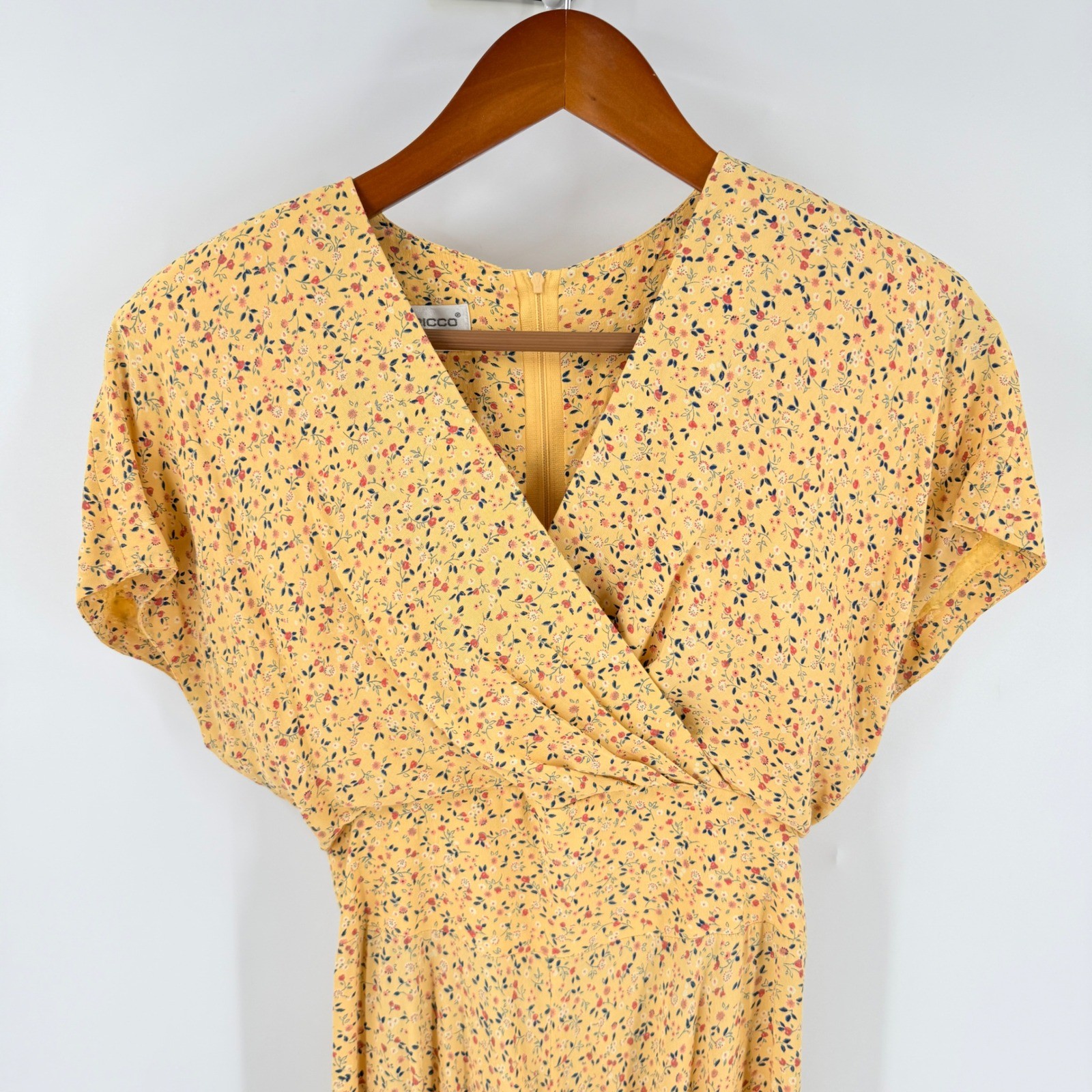 Vintage Donna Ricco Floral Faux Wrap Midi Dress Yellow Waist Tie Size Petite 8