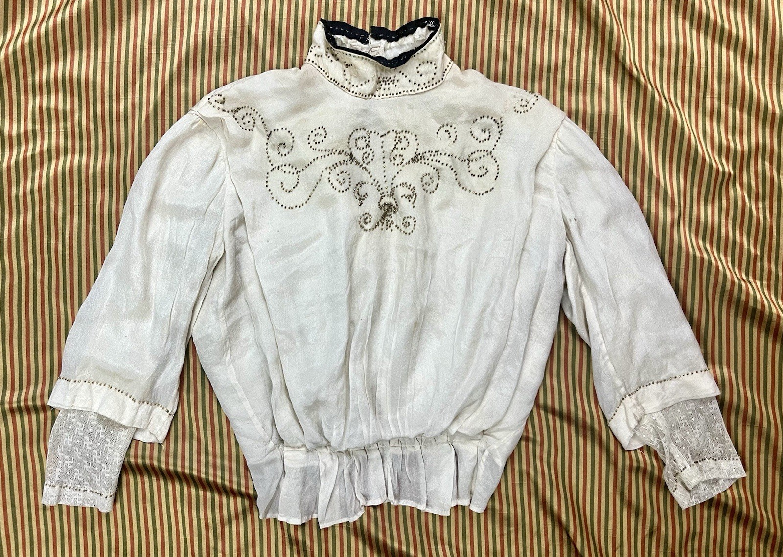 Antique Edwardian Beaded Silk Cream Blouse Whirling Log Lace Hook Eye AS IS XS