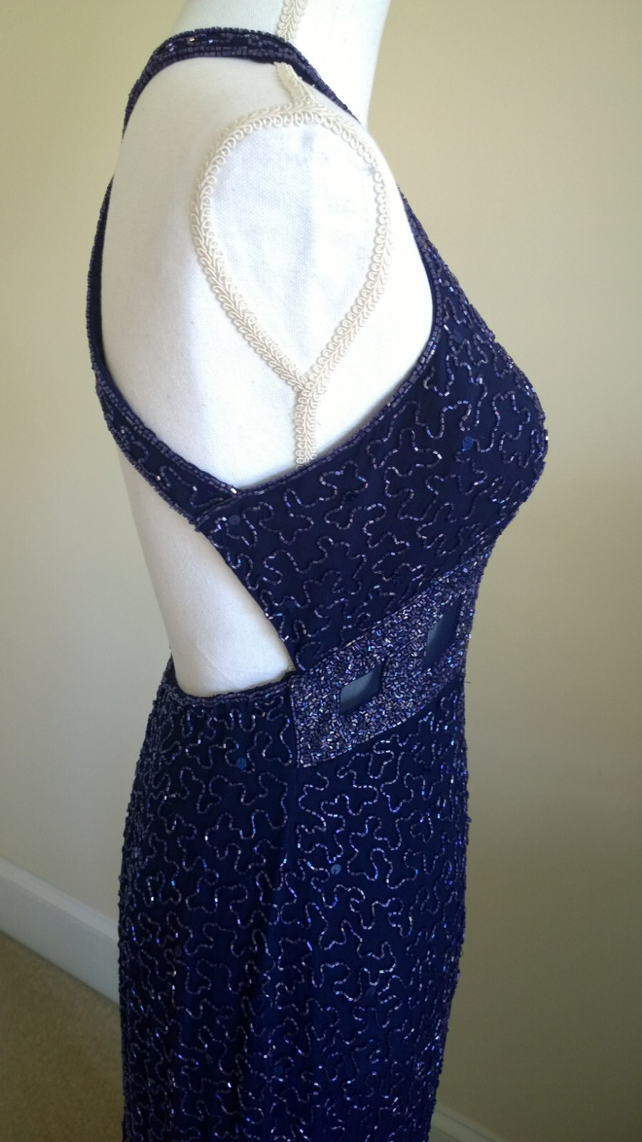 Vtg New Andretta Donatello Silk Beaded Formal Evening Gown Sexy Dark Blue Sz M
