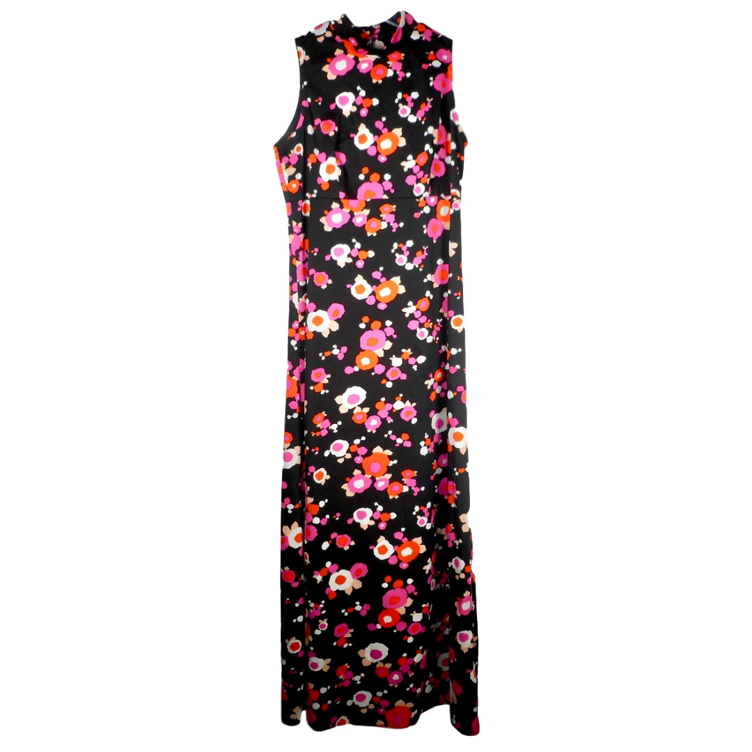 VTG 70s Original Black Fun Flower M L 10 Maxi Dress Mod Handmade Pink Hippie