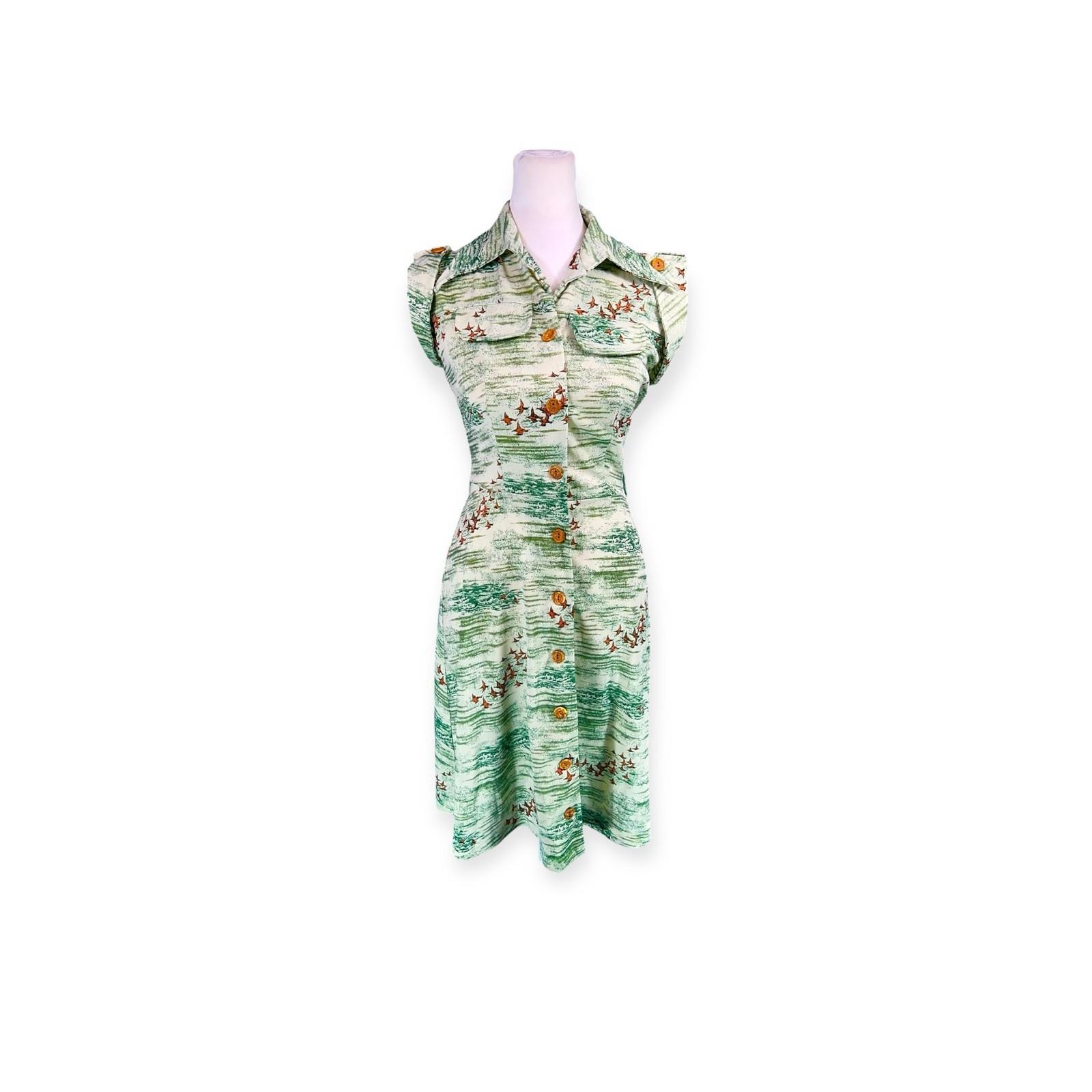 VINTAGE 1970s DRESS HIPPIE MOD BOHO PRAIRIE GOOSE GEESE PRINT DISCO WHIMSICAL S