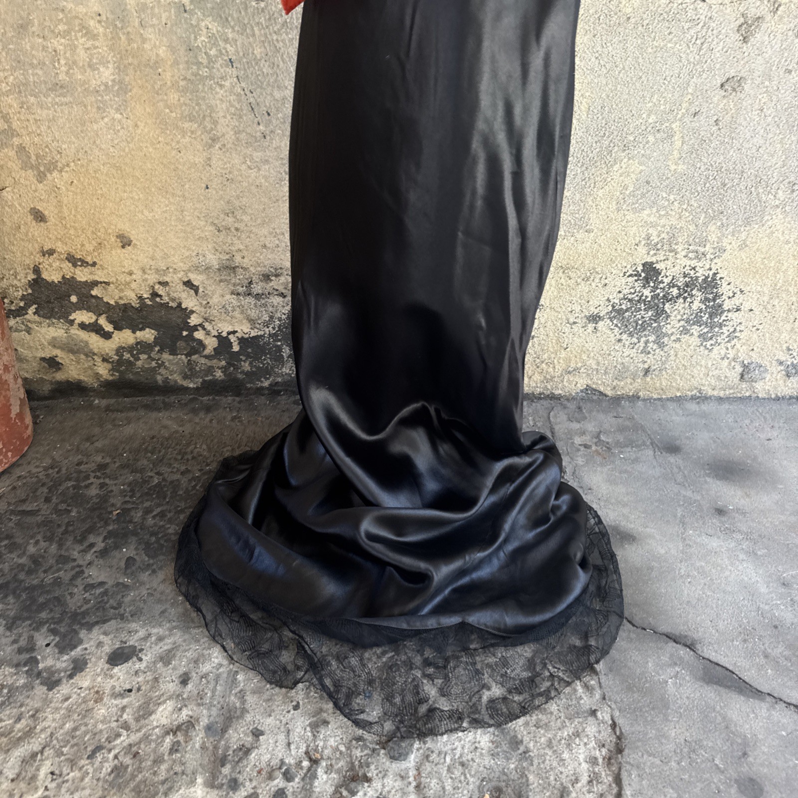 Vintage 1930s Black Silk Satin Dress Orange Silk Velvet Bow Wrap Lace Trim Bias