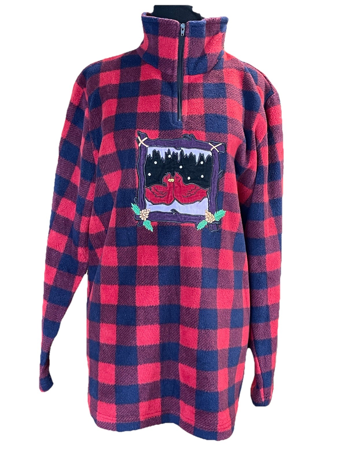 Quacker Factory Buffalo Plaid Fleece Quarter Zip Pullover Bird Embroidered M VTG