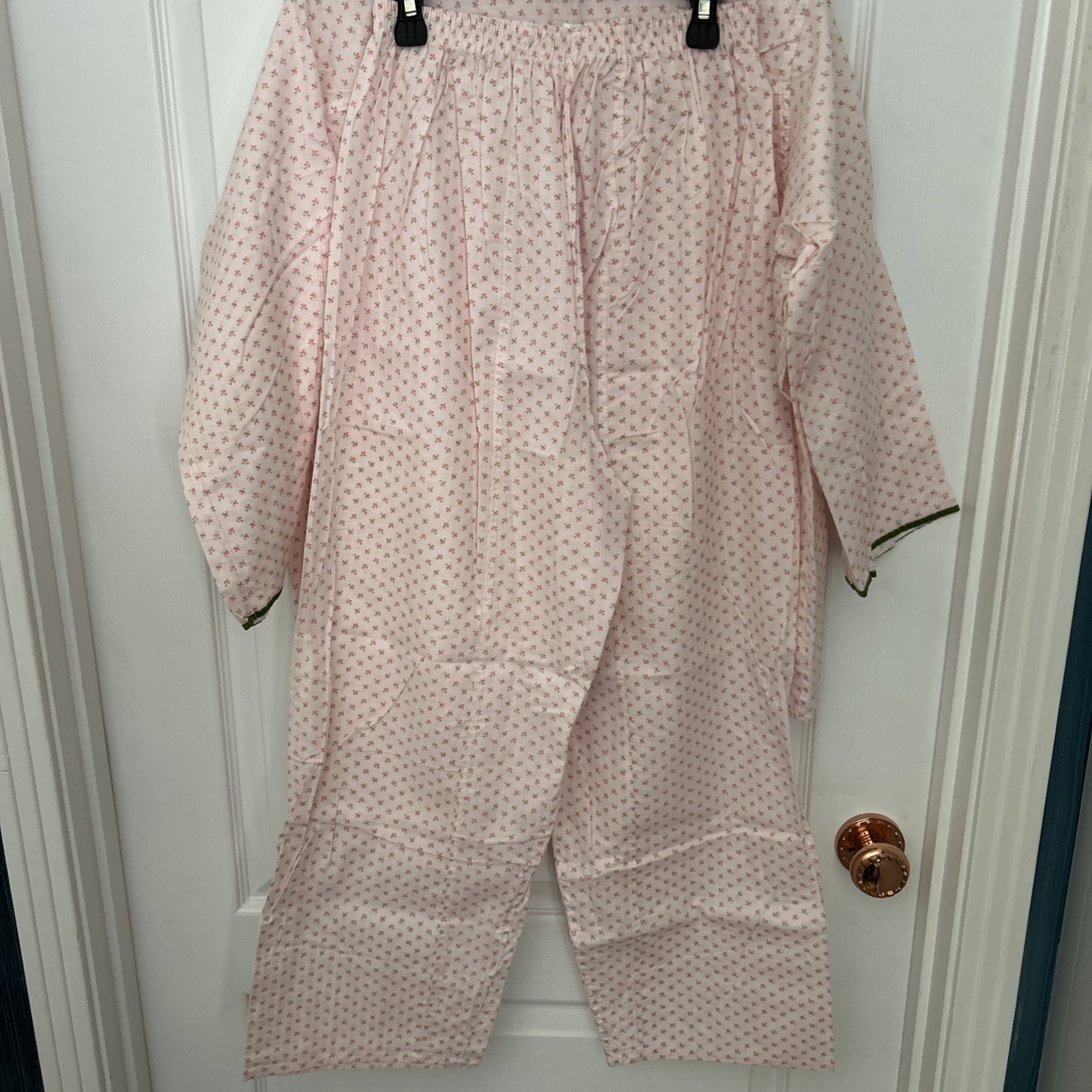 Vintage Ideal Lady Full Length Cotton Pajamas Size 40/L Pink Flowers Green Trim